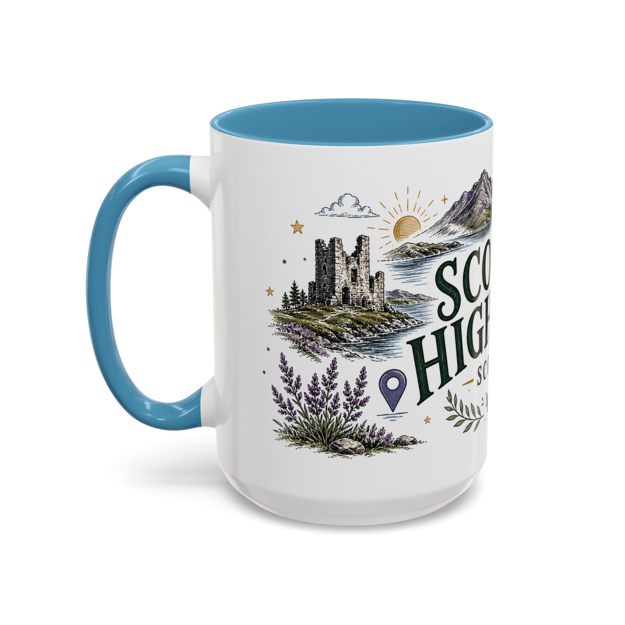 Scottish Highlands Coffee Mug | Travel Destination Souvenir Gift | Accent Color Ceramic 11oz 15oz