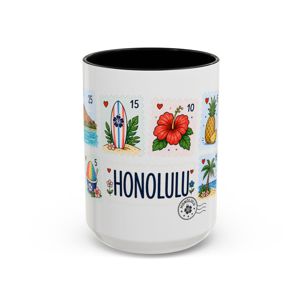 Honolulu Coffee Mug | Postage Stamp Collage Mug | Travel Souvenir Accent Cup 11oz 15oz