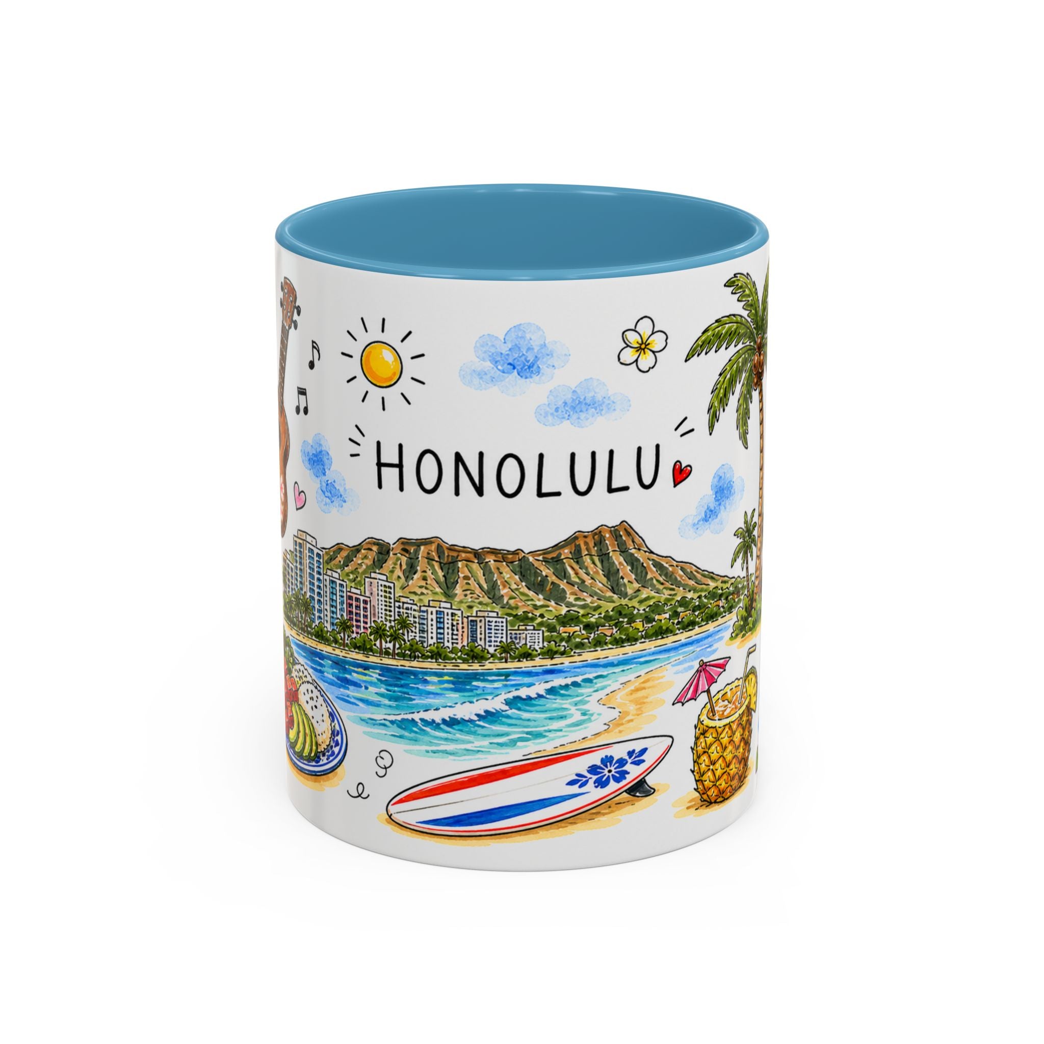 Honolulu Illustrated Travel Mug | City Souvenir Accent Coffee Mug | 11oz 15oz Ceramic Cup