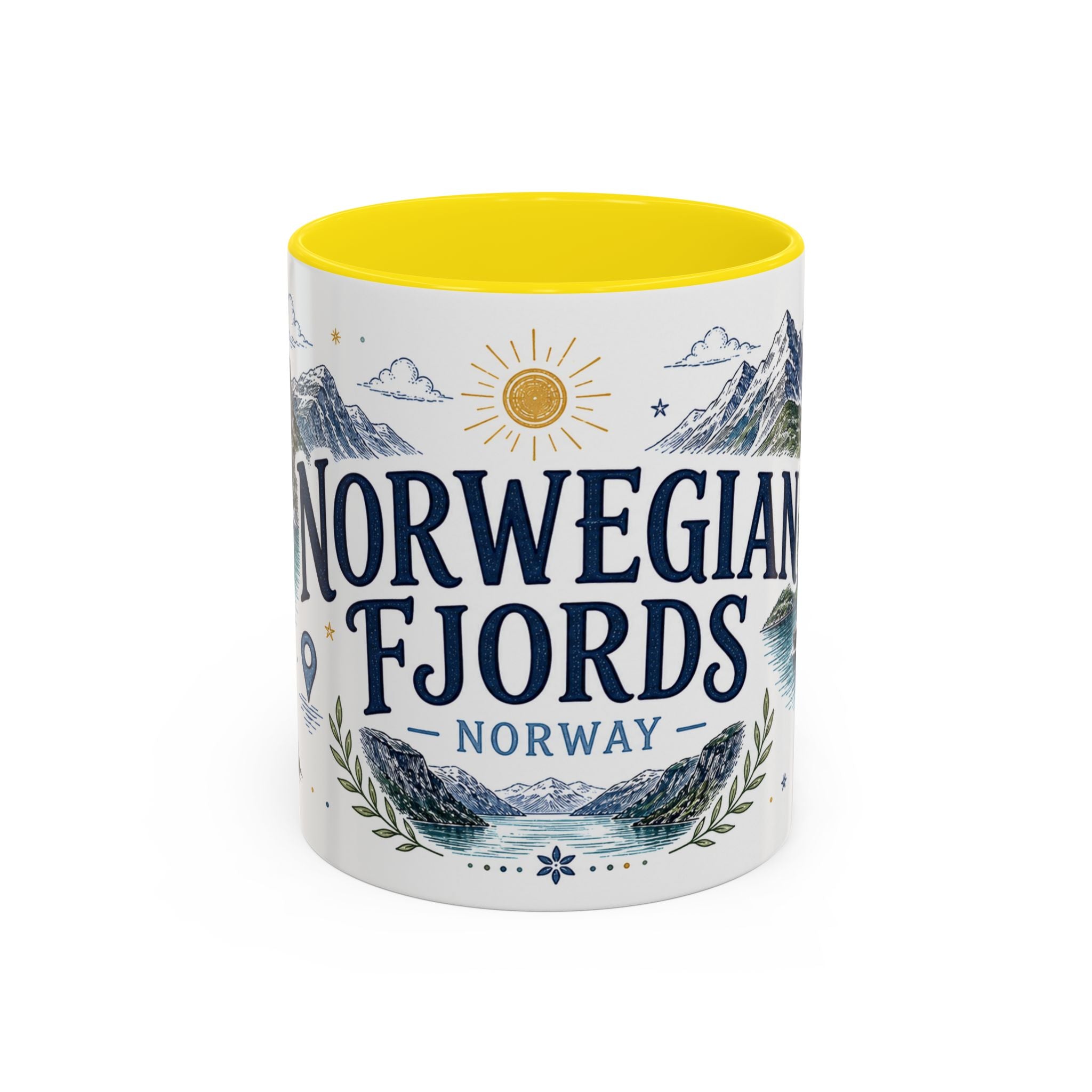 Norwegian Fjords Coffee Mug | Travel Destination Souvenir Gift | Accent Color Ceramic 11oz 15oz