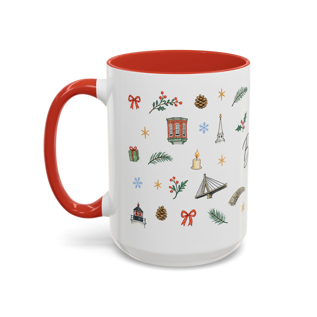 Boston Christmas Mug | Watercolor Travel Souvenir | Holiday Gift | Accent Ceramic Coffee Cup 11oz 15oz