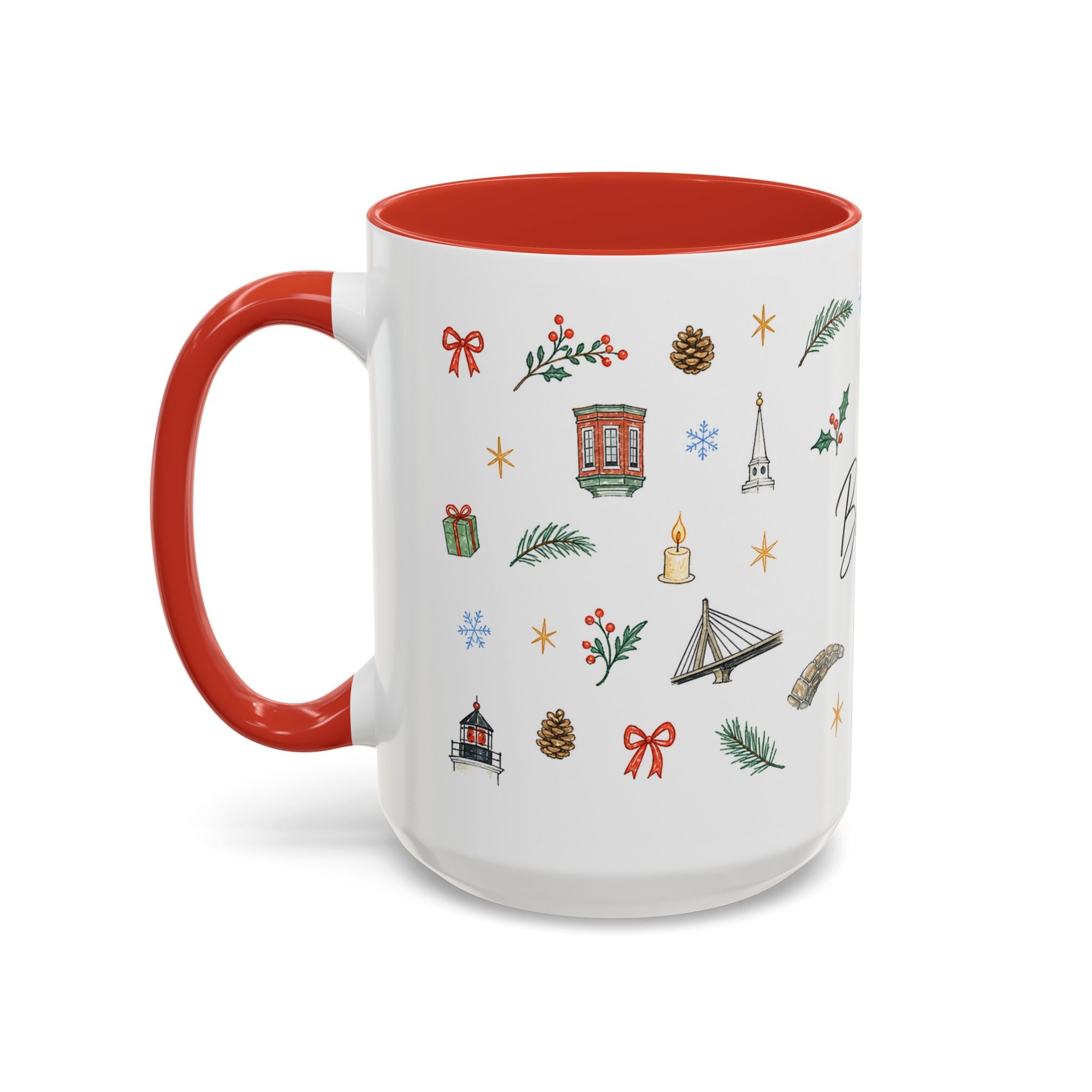 Boston Christmas Mug | Watercolor Travel Souvenir | Holiday Gift | Accent Ceramic Coffee Cup 11oz 15oz