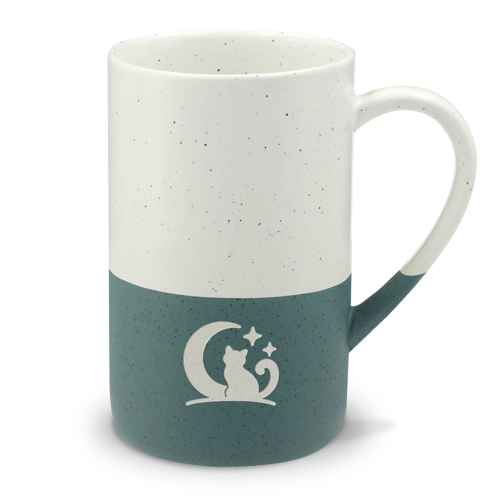 Cozy Cat Moon Engraved Speckled Ceramic Mug, 13oz, Minimalist Coffee Cup, Gift for Nature Lovers