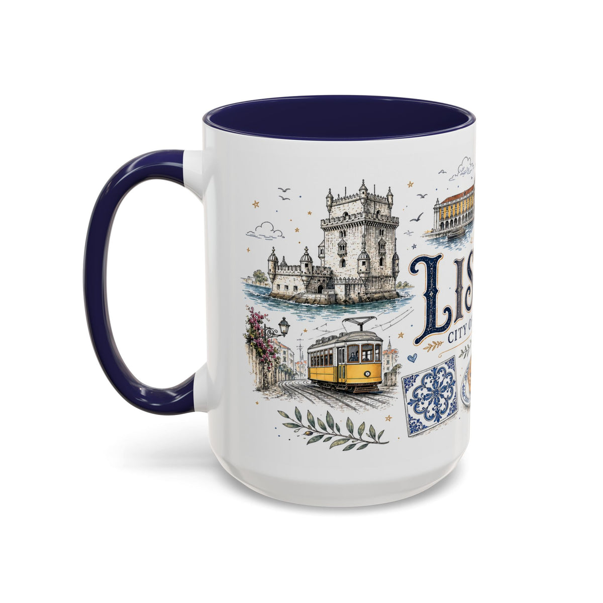 Lisbon Coffee Mug | Portugal Travel Souvenir | Vintage Illustrated City Gift | 11 oz 15 oz Accent Mug