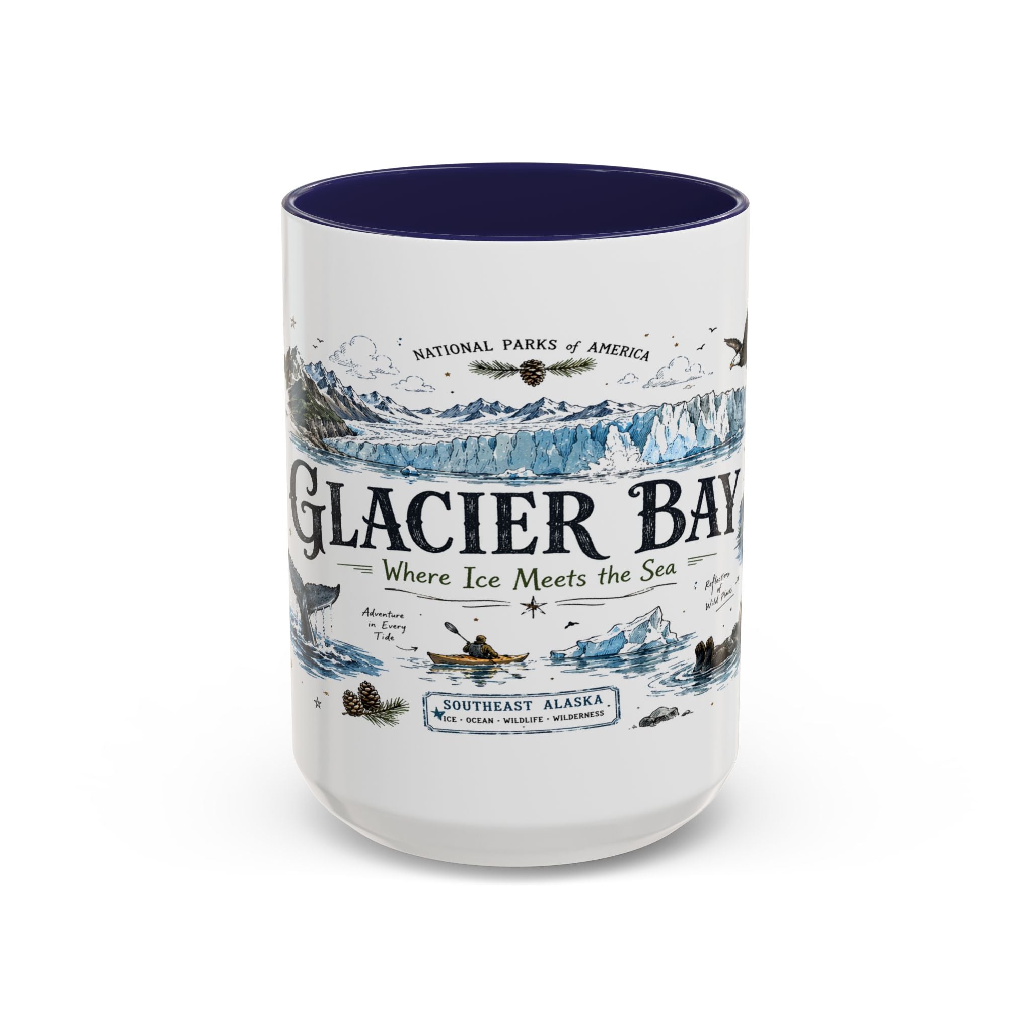 Glacier Bay National Park Coffee Mug | Alaska Wilderness Kayaking Gift | Accent Color Ceramic 11oz 15oz