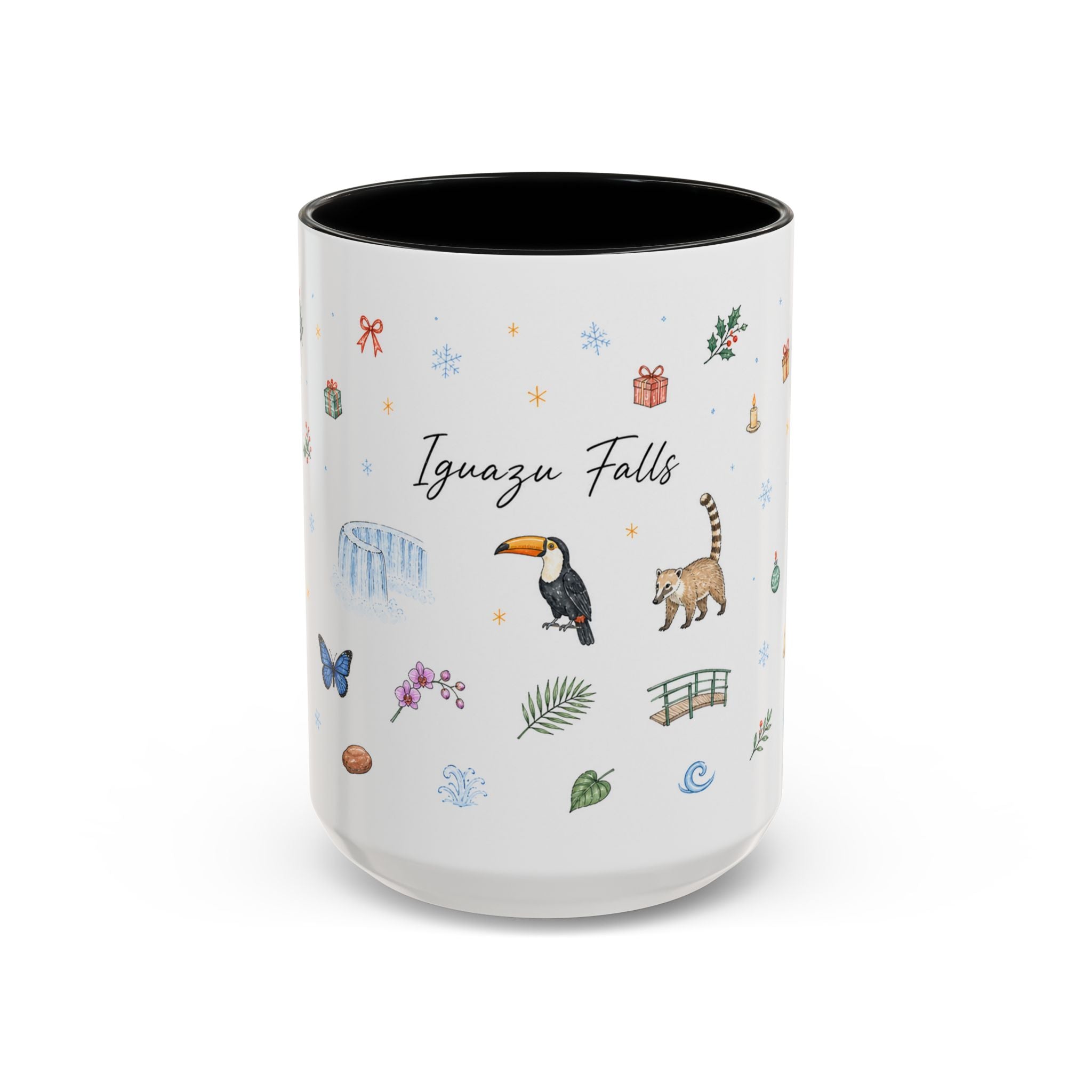 Iguazu Falls Christmas Mug | Watercolor Travel Souvenir | Holiday Gift | Accent Ceramic Coffee Cup 11oz 15oz