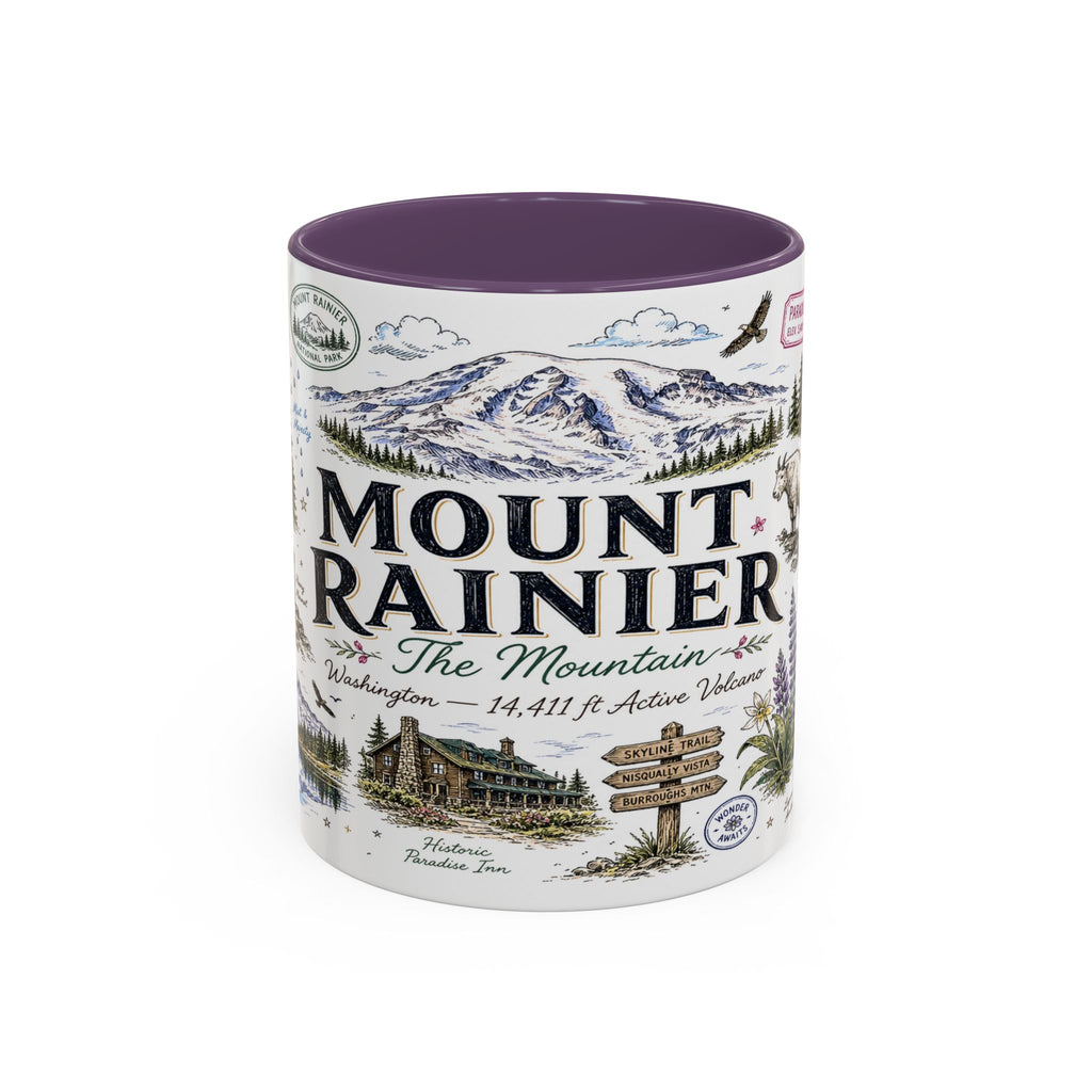 Mount Rainier Coffee Mug | National Park Hiking Washington Gift | Accent Color Ceramic 11oz 15oz