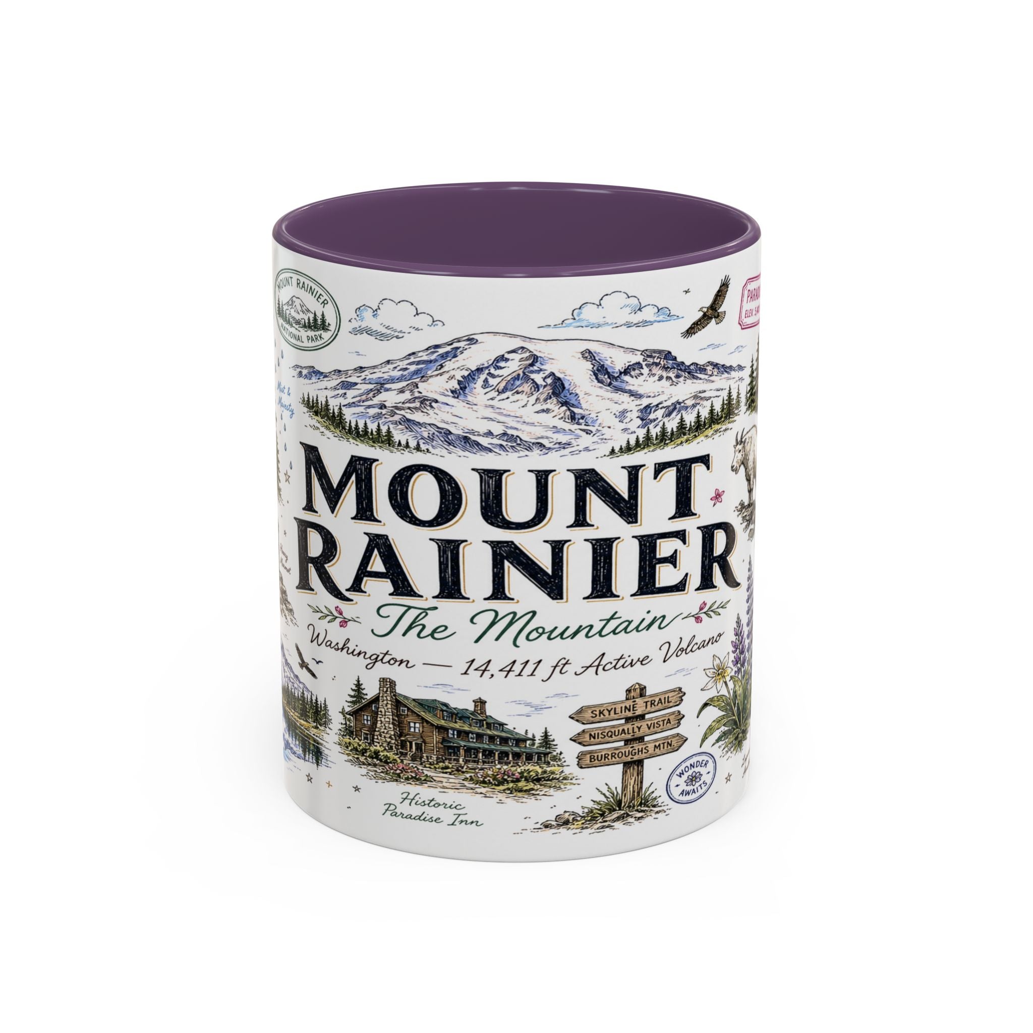Mount Rainier Coffee Mug | National Park Hiking Washington Gift | Accent Color Ceramic 11oz 15oz