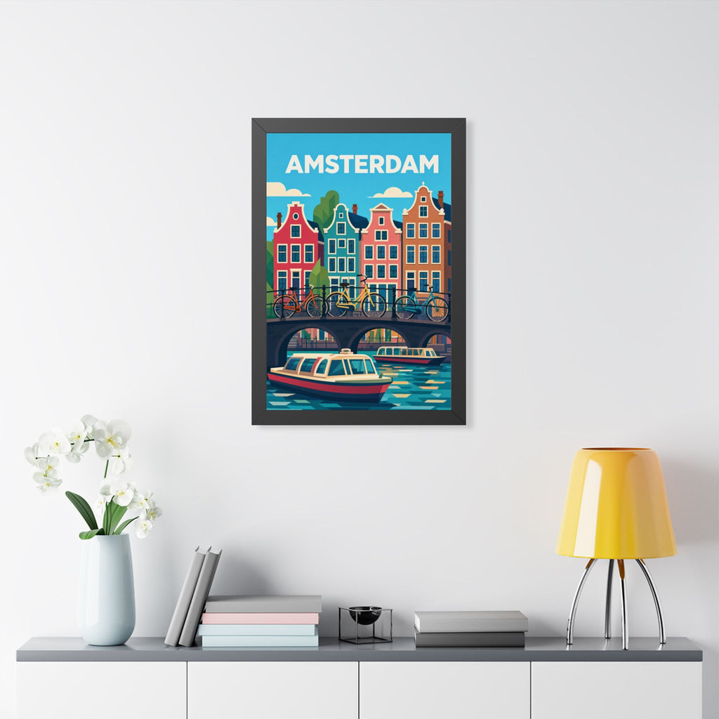 Amsterdam Netherlands Framed Poster | Vintage Travel Wall Art | Black Walnut White Frame | 16x24 20x30