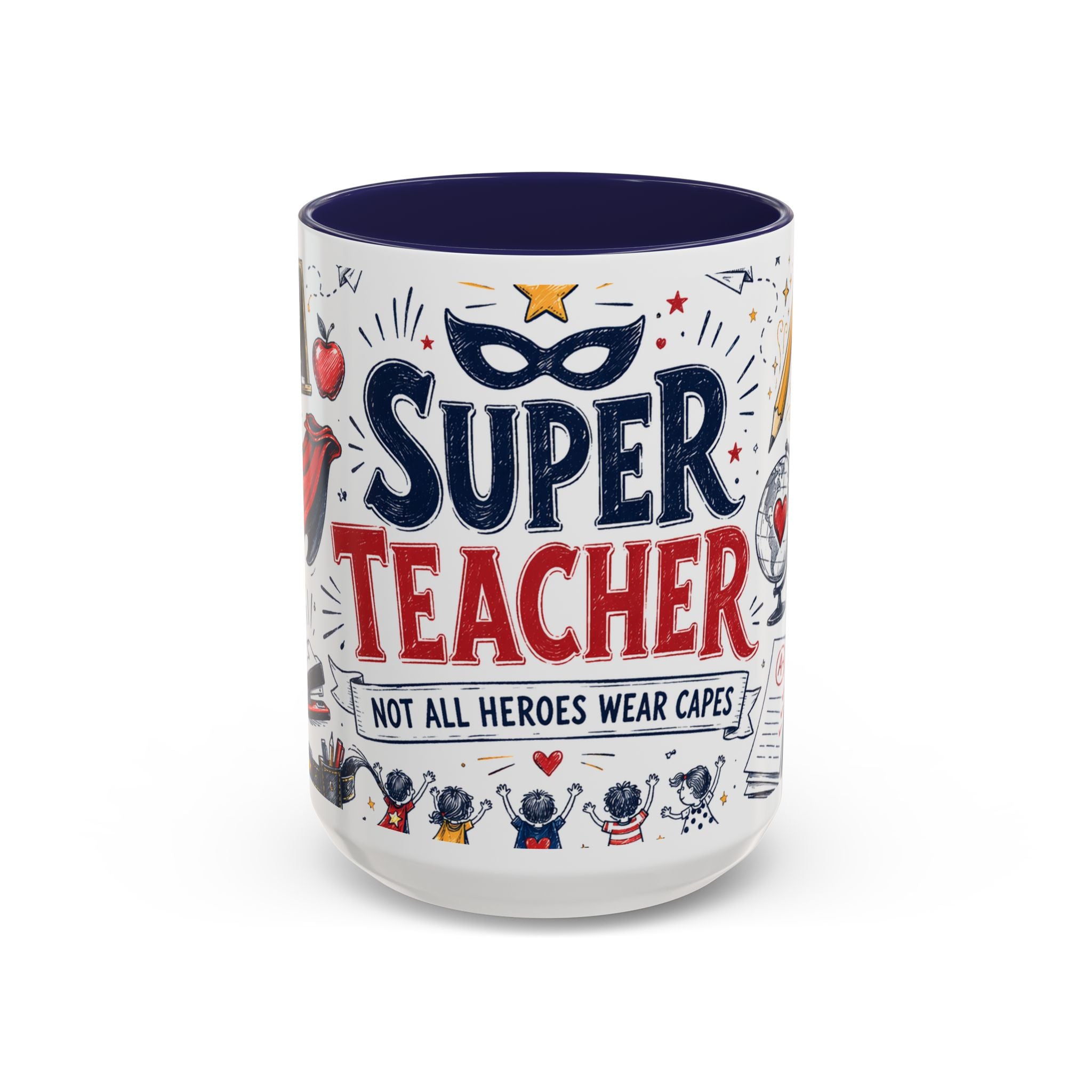 Super Teacher Coffee Mug | All Heroes Wear Capes Teacher Gift | Accent Color Ceramic 11oz 15oz