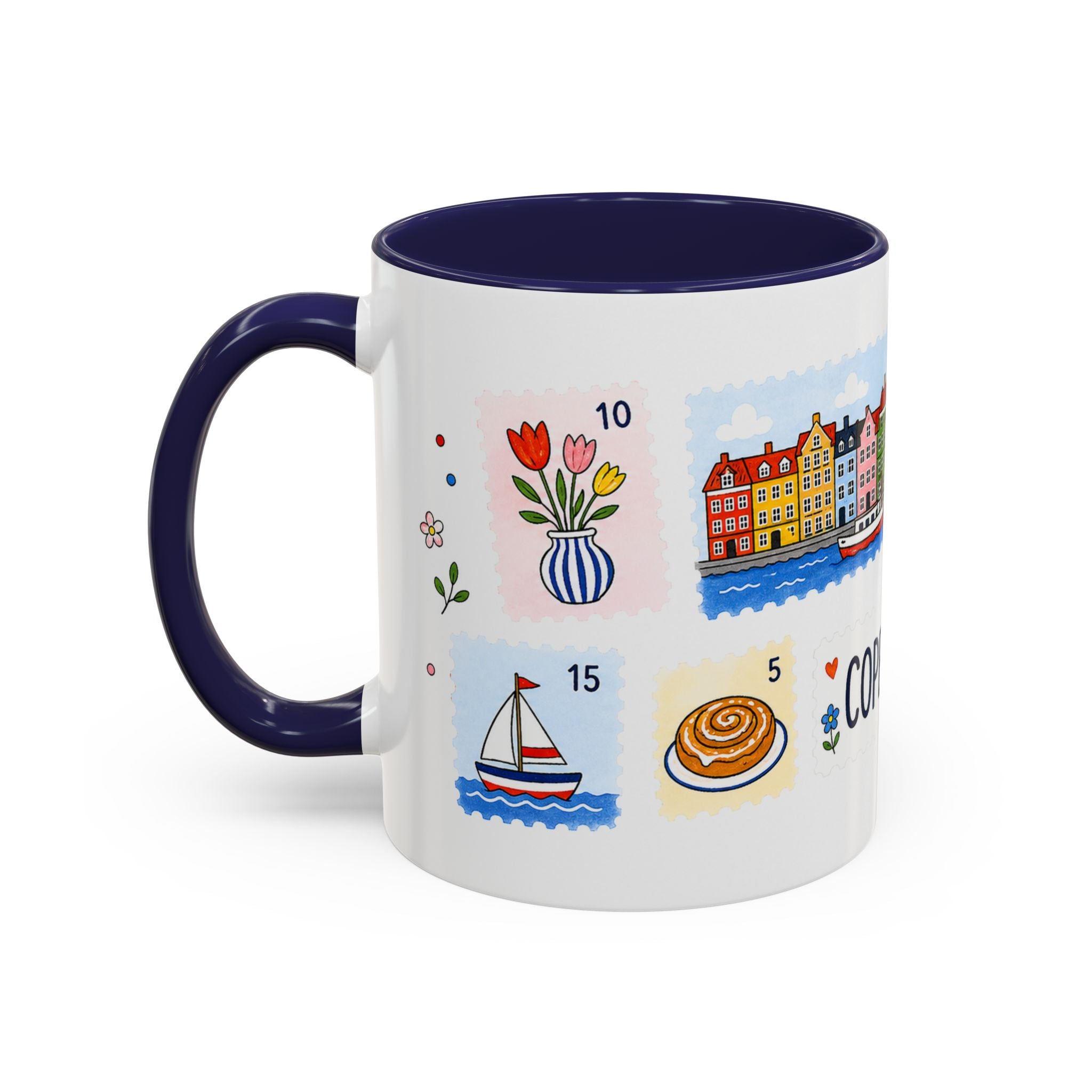 Copenhagen Coffee Mug | Postage Stamp Collage Mug | Travel Souvenir Accent Cup 11oz 15oz