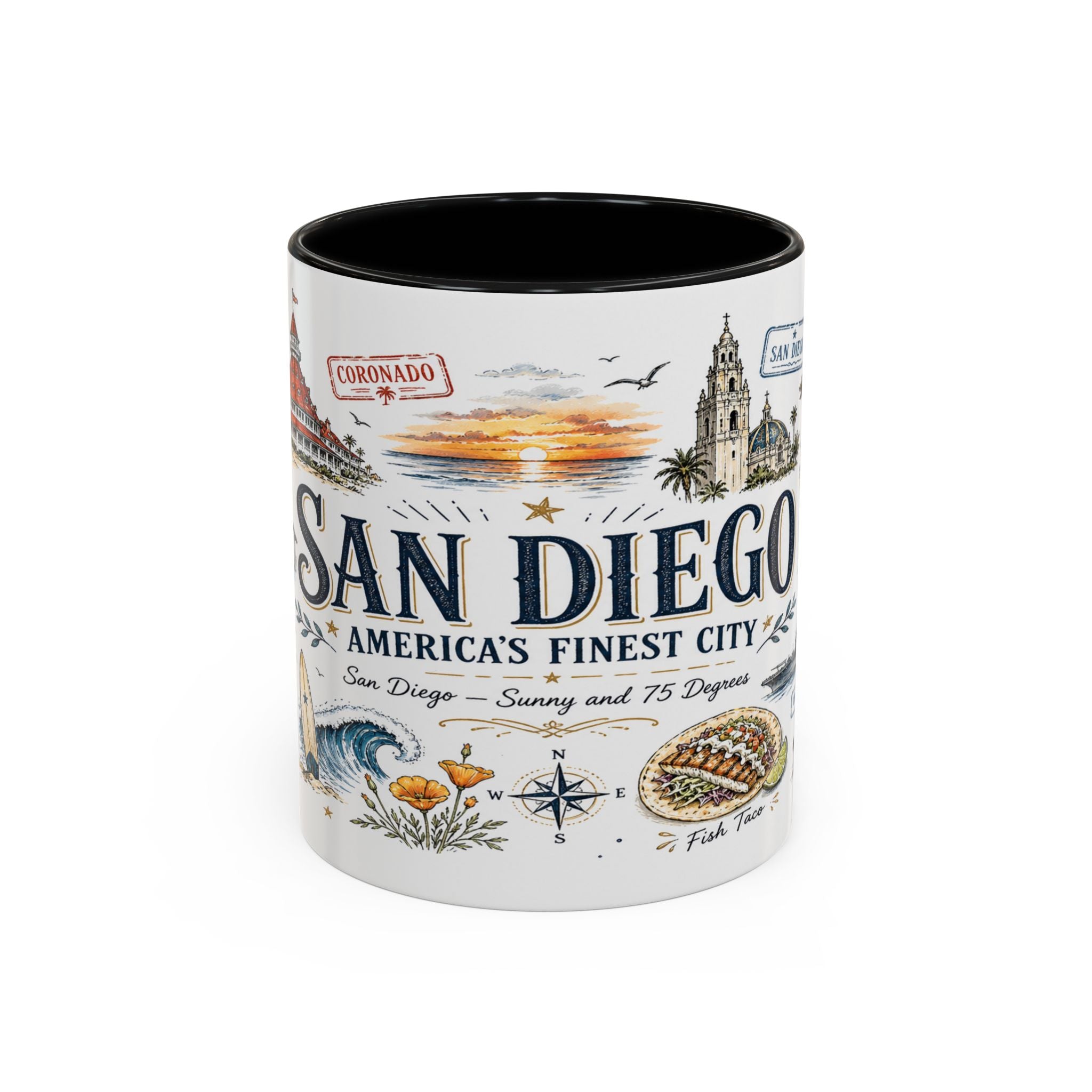 San Diego Coffee Mug | California Souvenir City Gift | Accent Color Ceramic 11oz 15oz