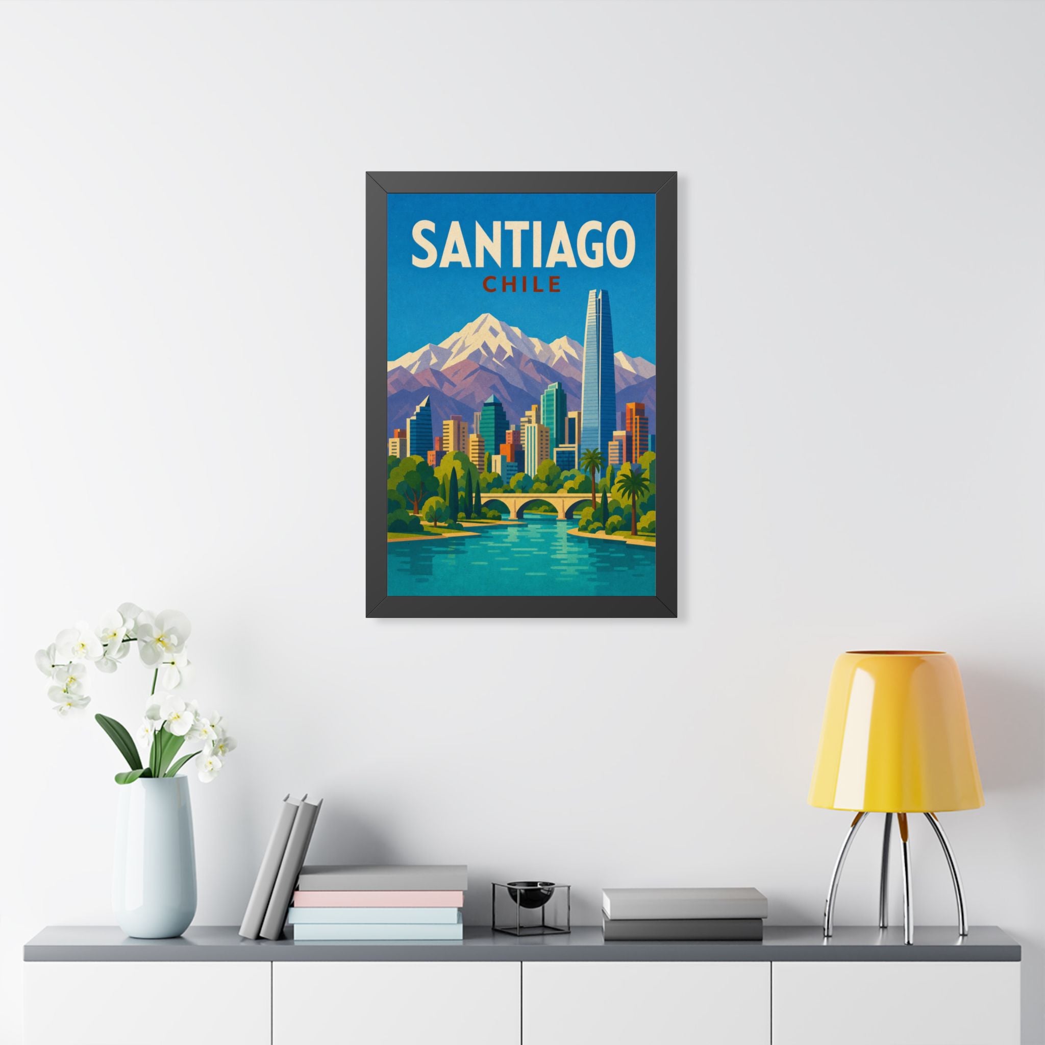 Santiago Chile Framed Poster | Vintage Travel Wall Art | Black Walnut White Frame | 16x24 20x30