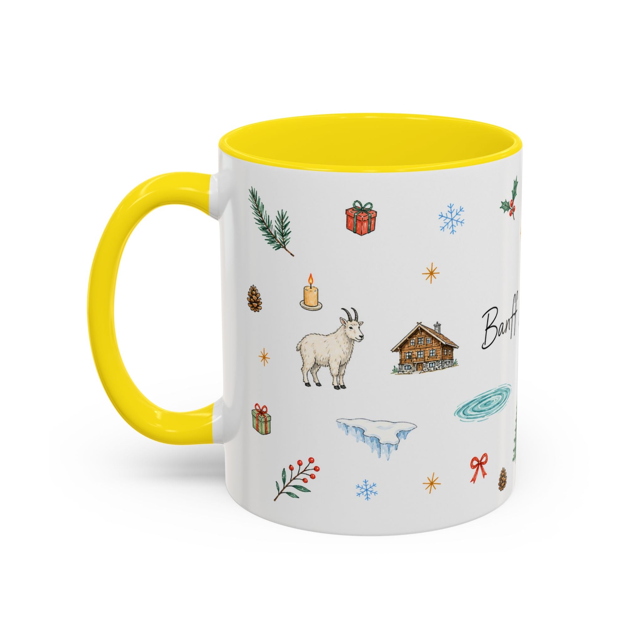 Banff Lake Louise Christmas Mug | Watercolor Travel Souvenir | Holiday Gift | Accent Ceramic Coffee Cup 11oz 15oz