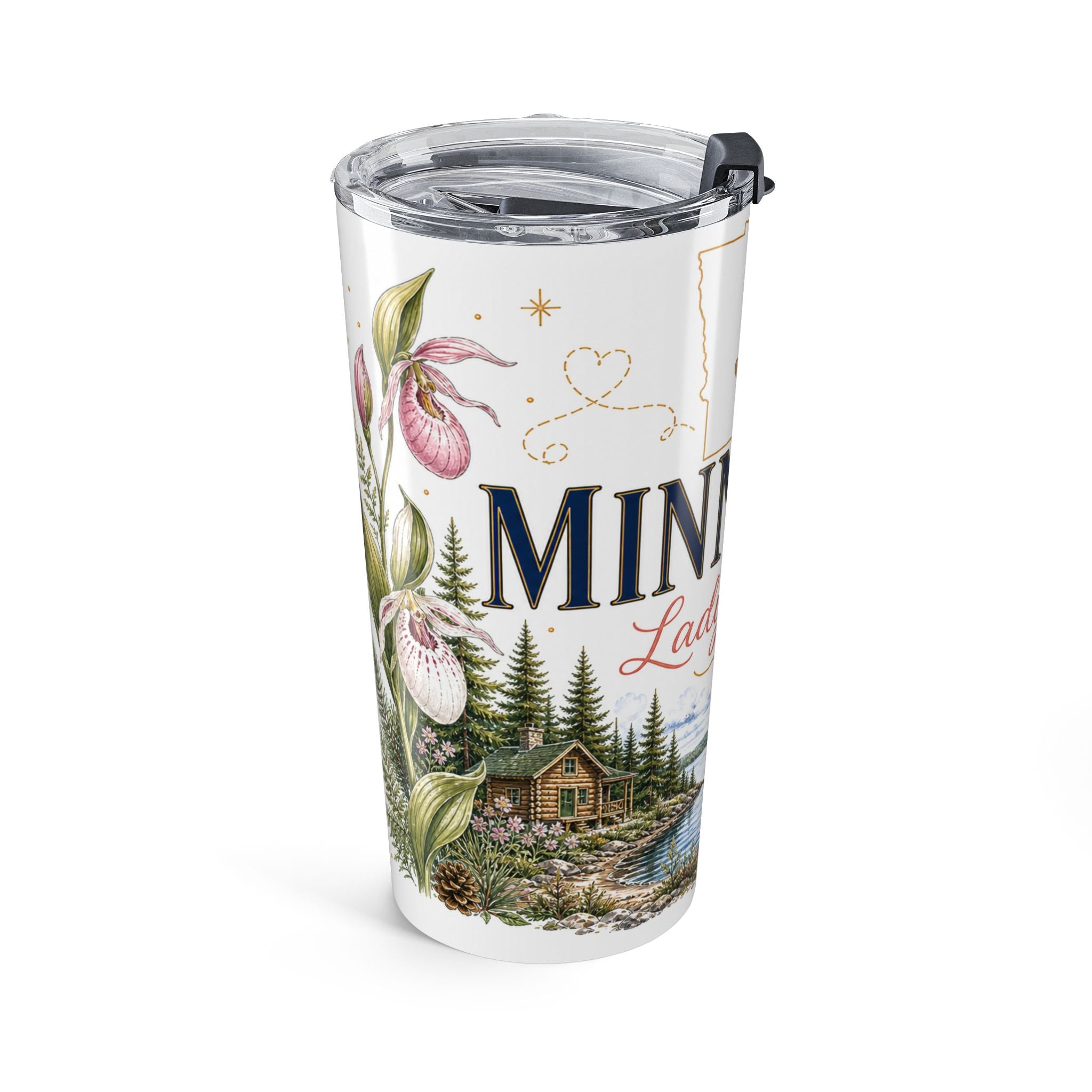 Minnesota State Flower 20oz Tumbler | Pink and White Lady Slipper Botanical State Flower Gift | Insulated Stainless Steel Travel Cup
