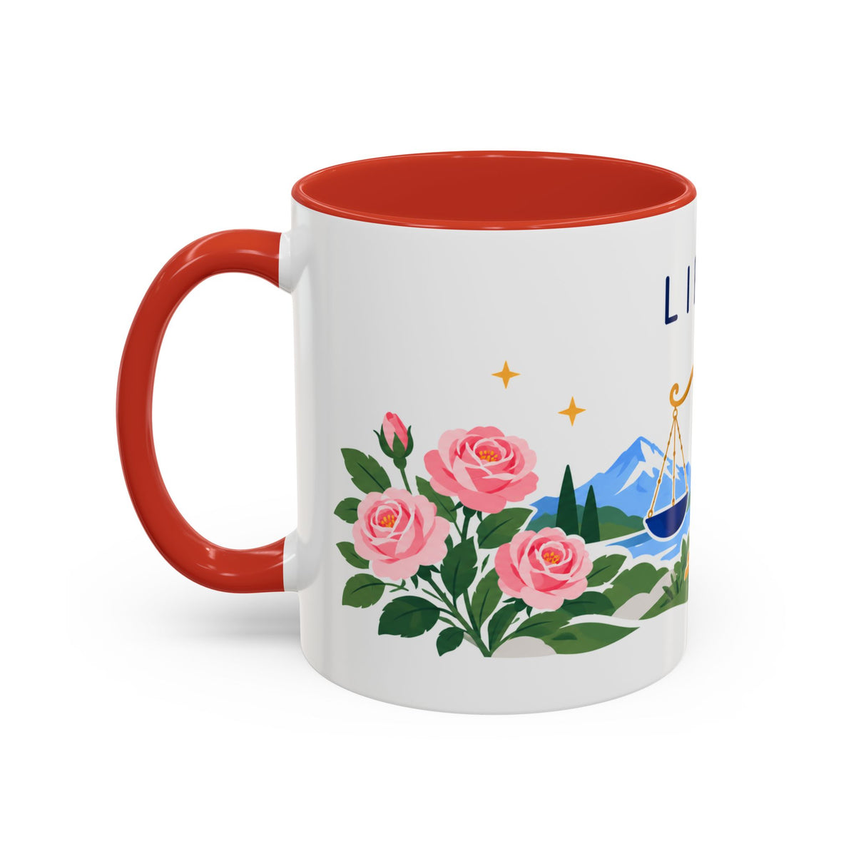 Libra Zodiac Coffee Mug | Scales and Rose Design | Astrology Birthday Gift | 11 oz 15 oz Ceramic Accent Mug