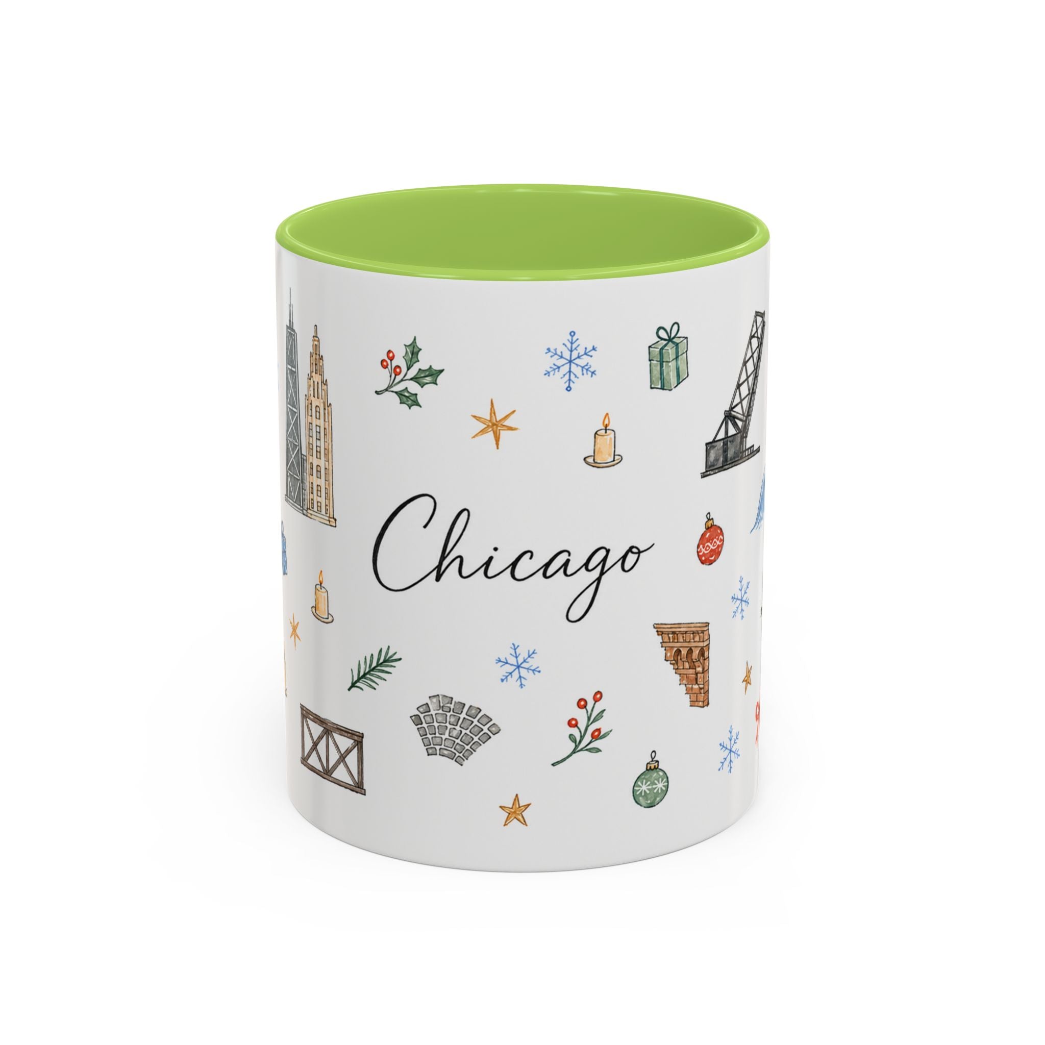 Chicago Christmas Mug | Watercolor Travel Souvenir | Holiday Gift | Accent Ceramic Coffee Cup 11oz 15oz