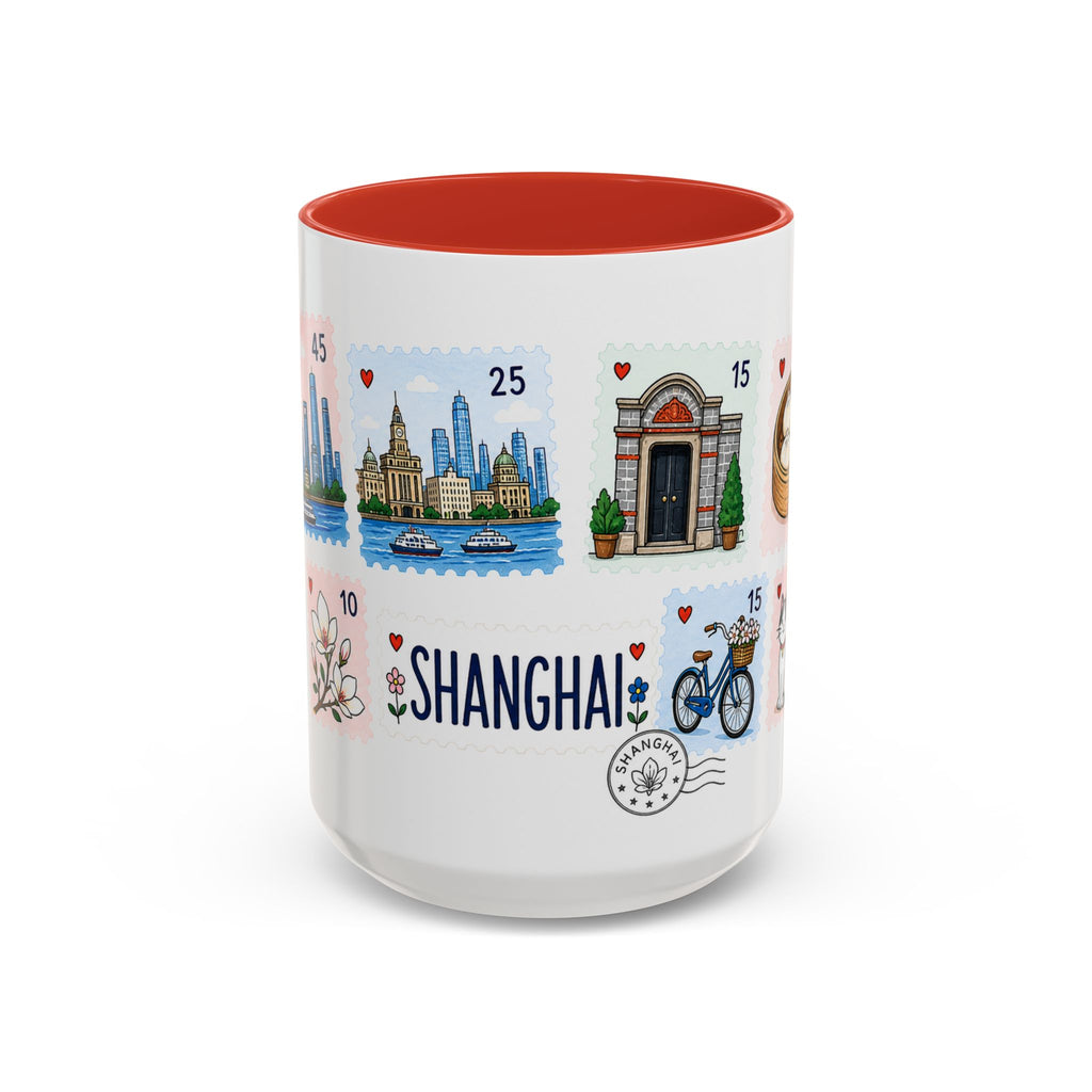Shanghai Coffee Mug | Postage Stamp Collage Mug | Travel Souvenir Accent Cup 11oz 15oz