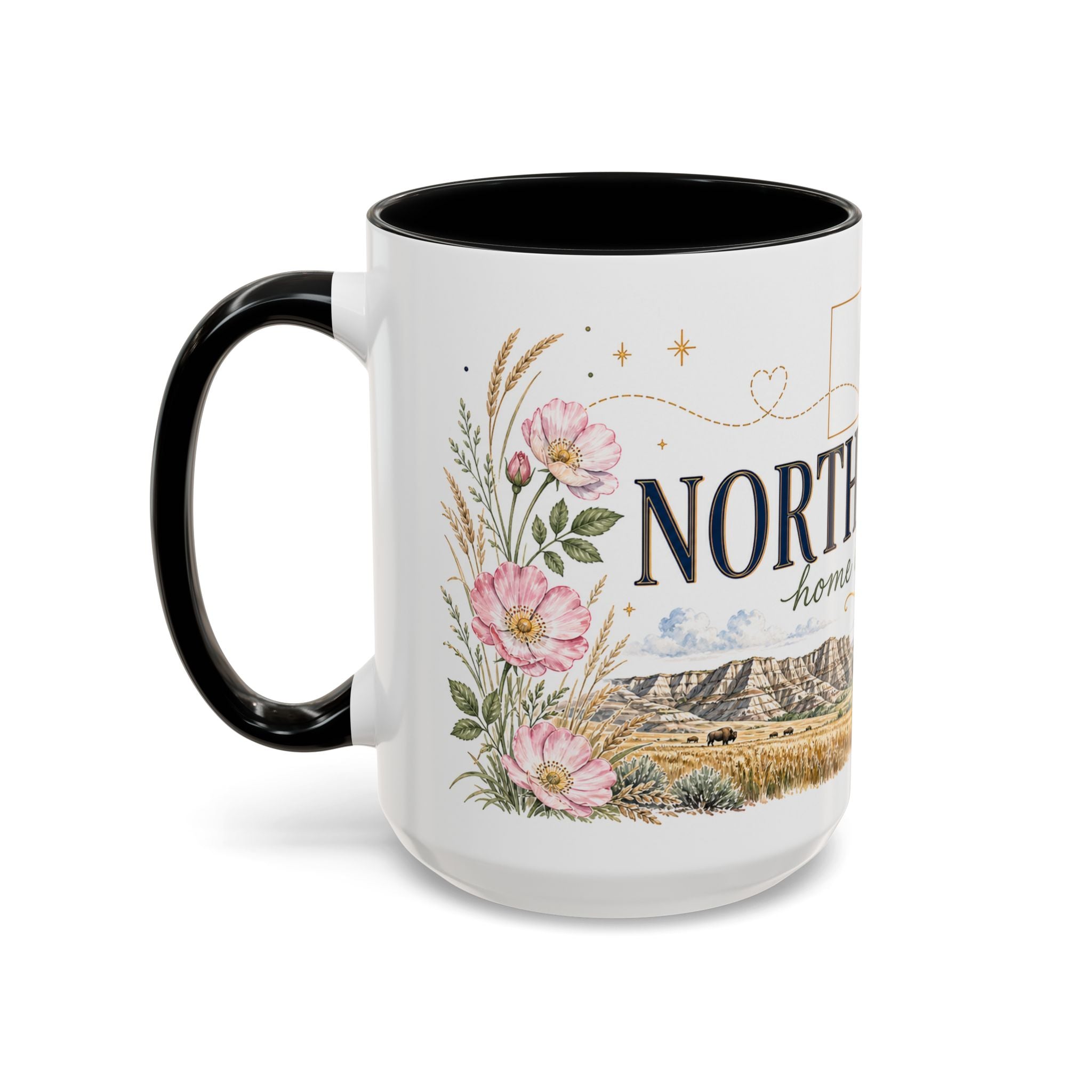 North Dakota State Map Mug | Prairie Rose Botanical Accent Coffee Cup