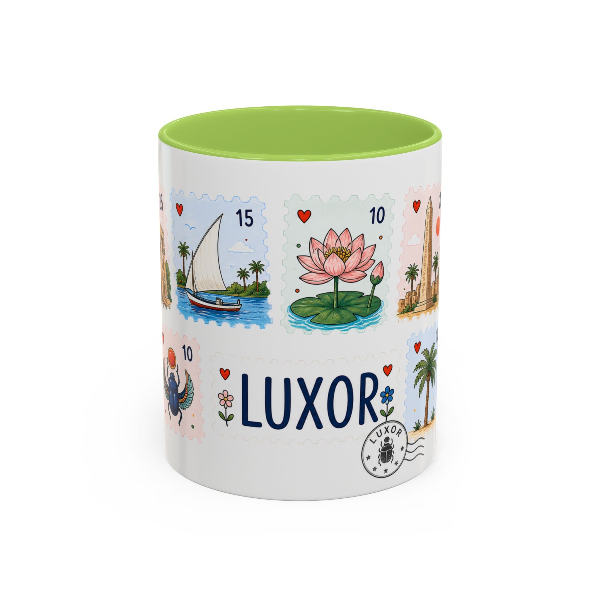 Luxor Coffee Mug | Postage Stamp Collage Mug | Travel Souvenir Accent Cup 11oz 15oz