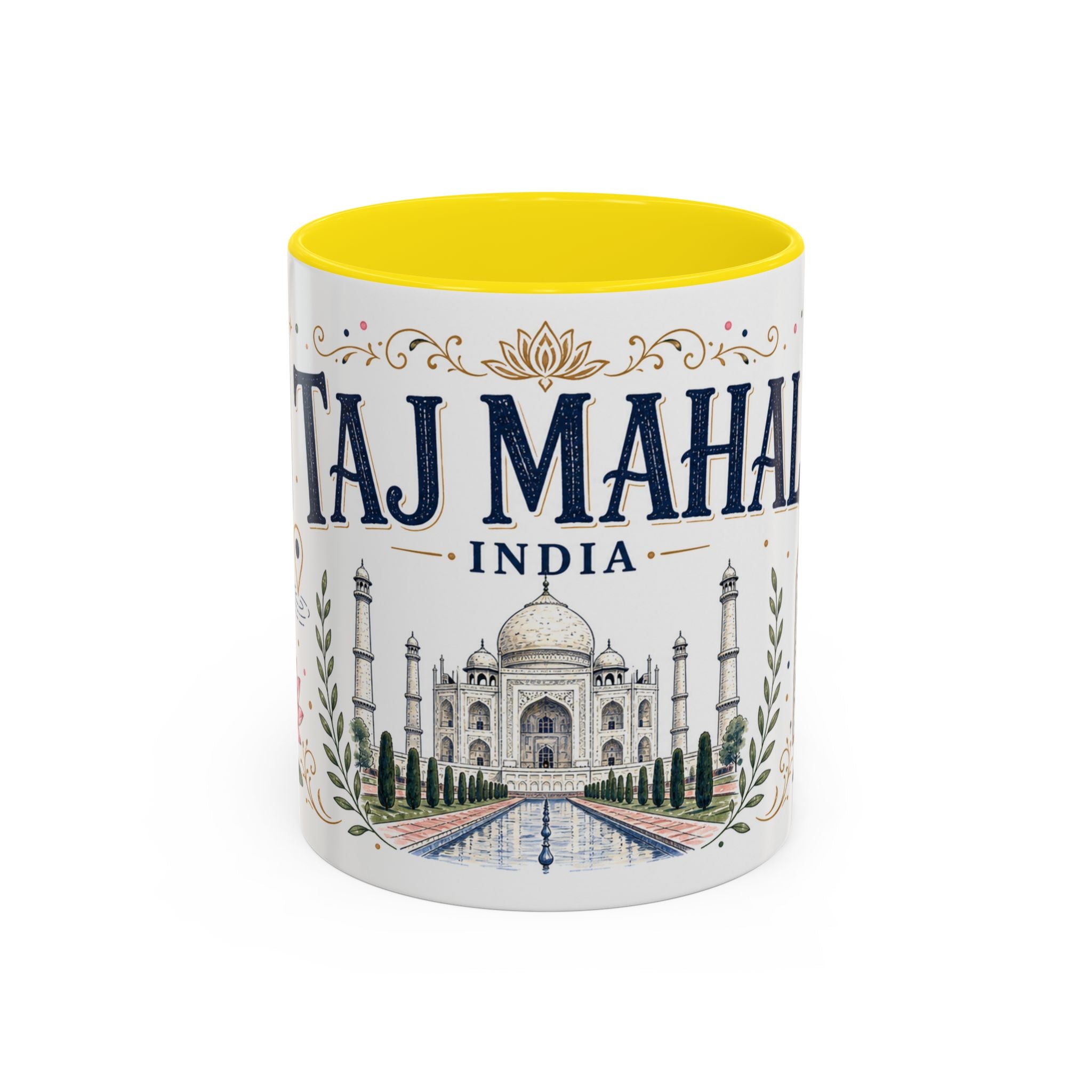Taj Mahal Coffee Mug | Travel Destination Souvenir Gift | Accent Color Ceramic 11oz 15oz