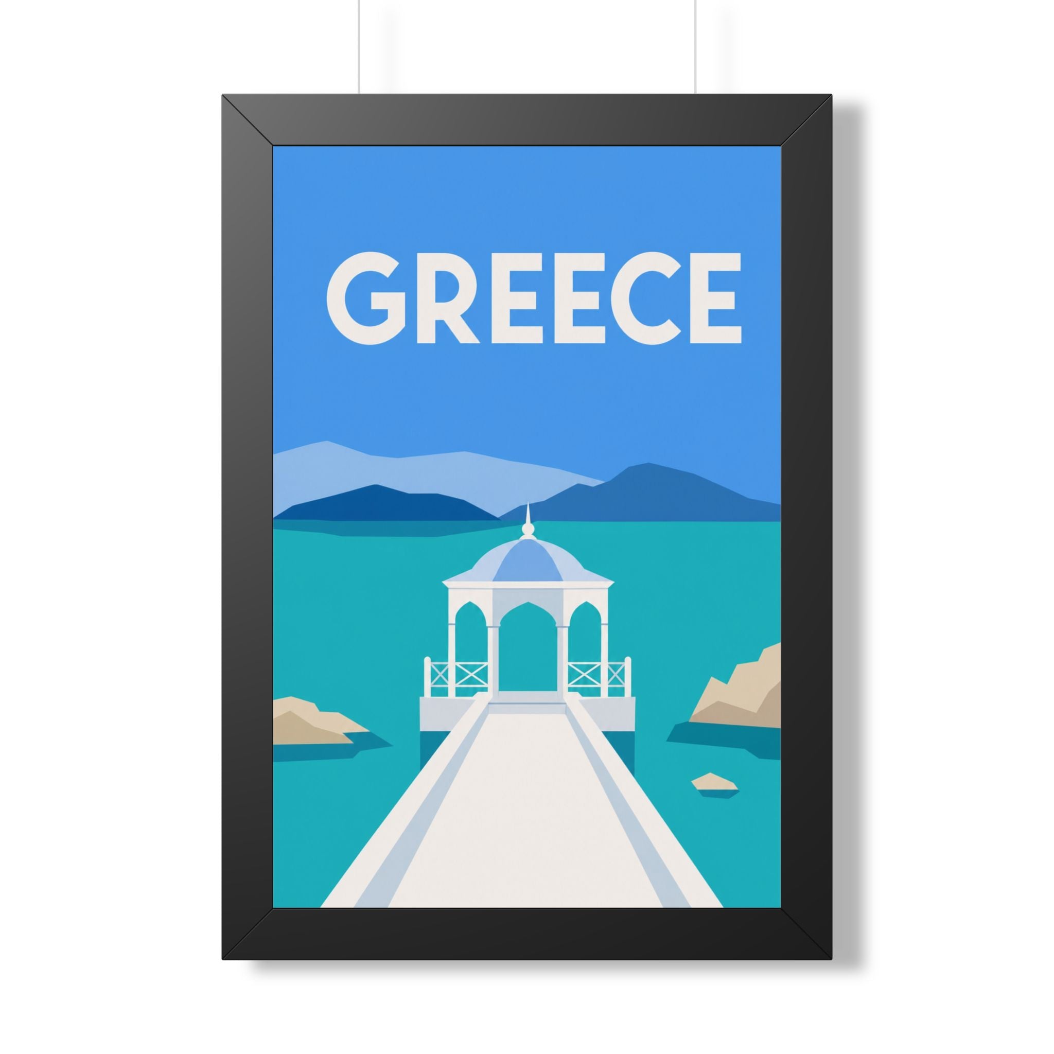 Greece Coast Greece Framed Poster | Vintage Travel Wall Art | Black Walnut White Frame | 16x24 20x30