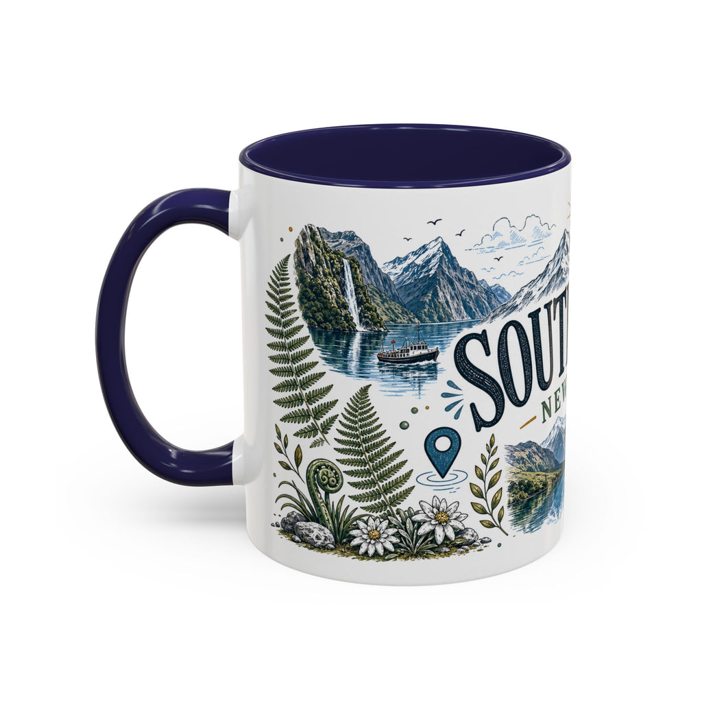 New Zealand South Island Coffee Mug | Travel Destination Souvenir Gift | Accent Color Ceramic 11oz 15oz