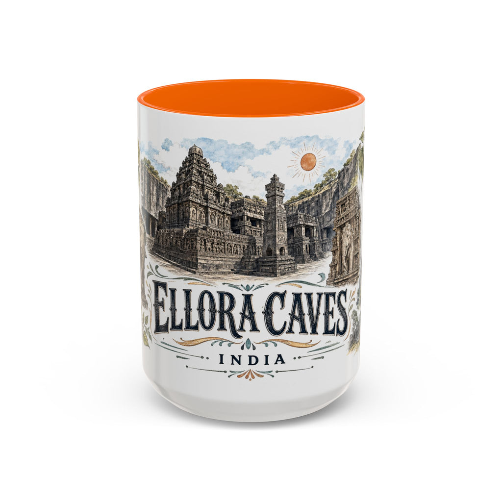 Ellora Caves Mug, India Travel Souvenir, Bucket List Gift, Accent Ceramic Coffee Mug 11oz 15oz