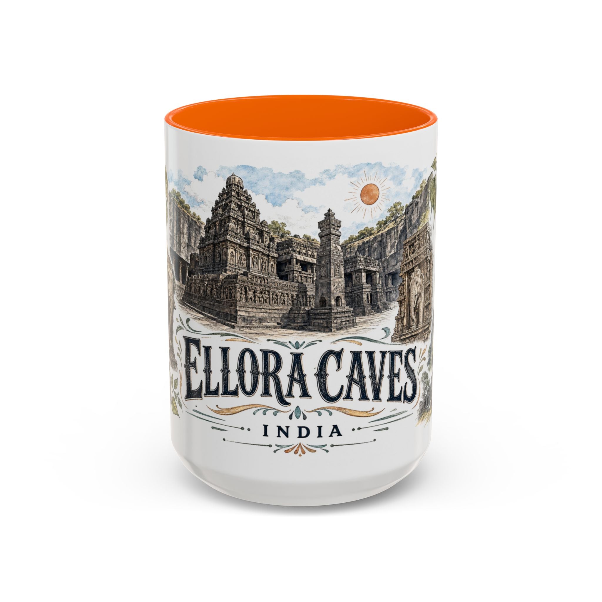 Ellora Caves Mug, India Travel Souvenir, Bucket List Gift, Accent Ceramic Coffee Mug 11oz 15oz