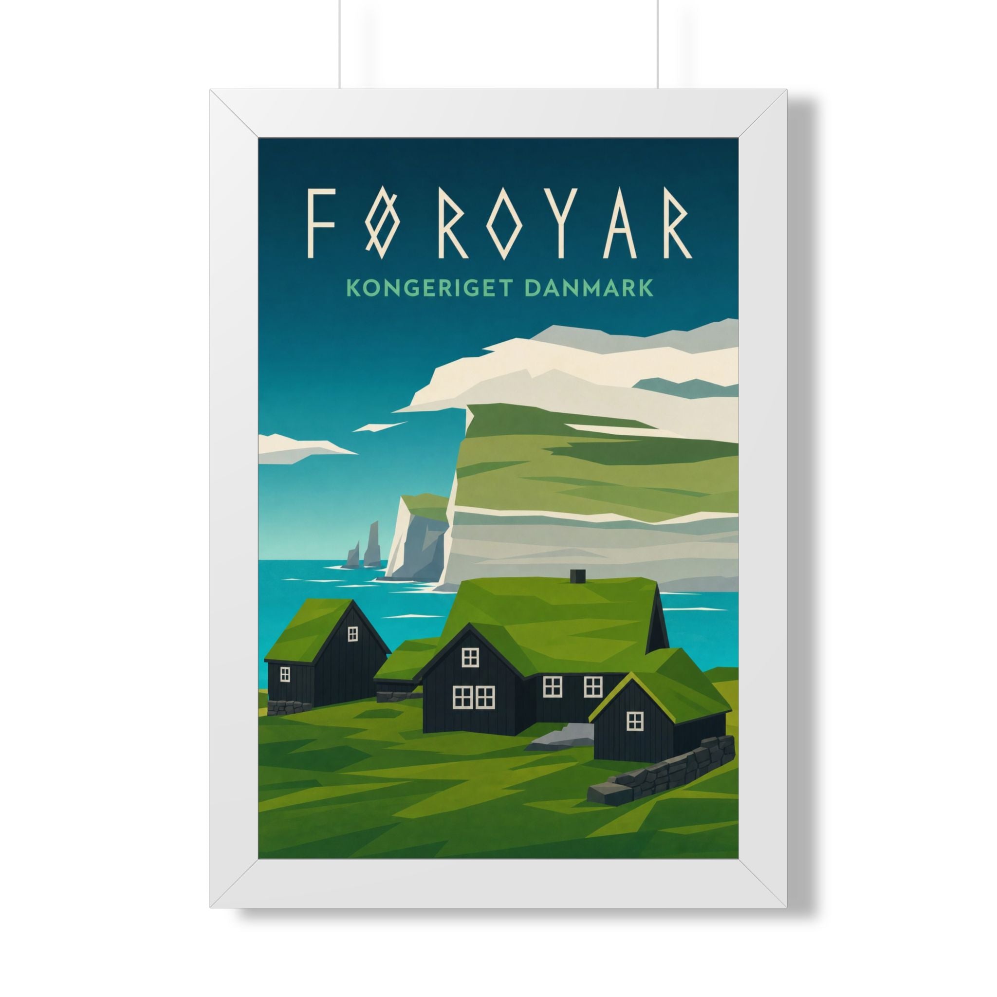 Faroe Islands Denmark Framed Poster | Vintage Travel Wall Art | Black Walnut White Frame | 16x24 20x30