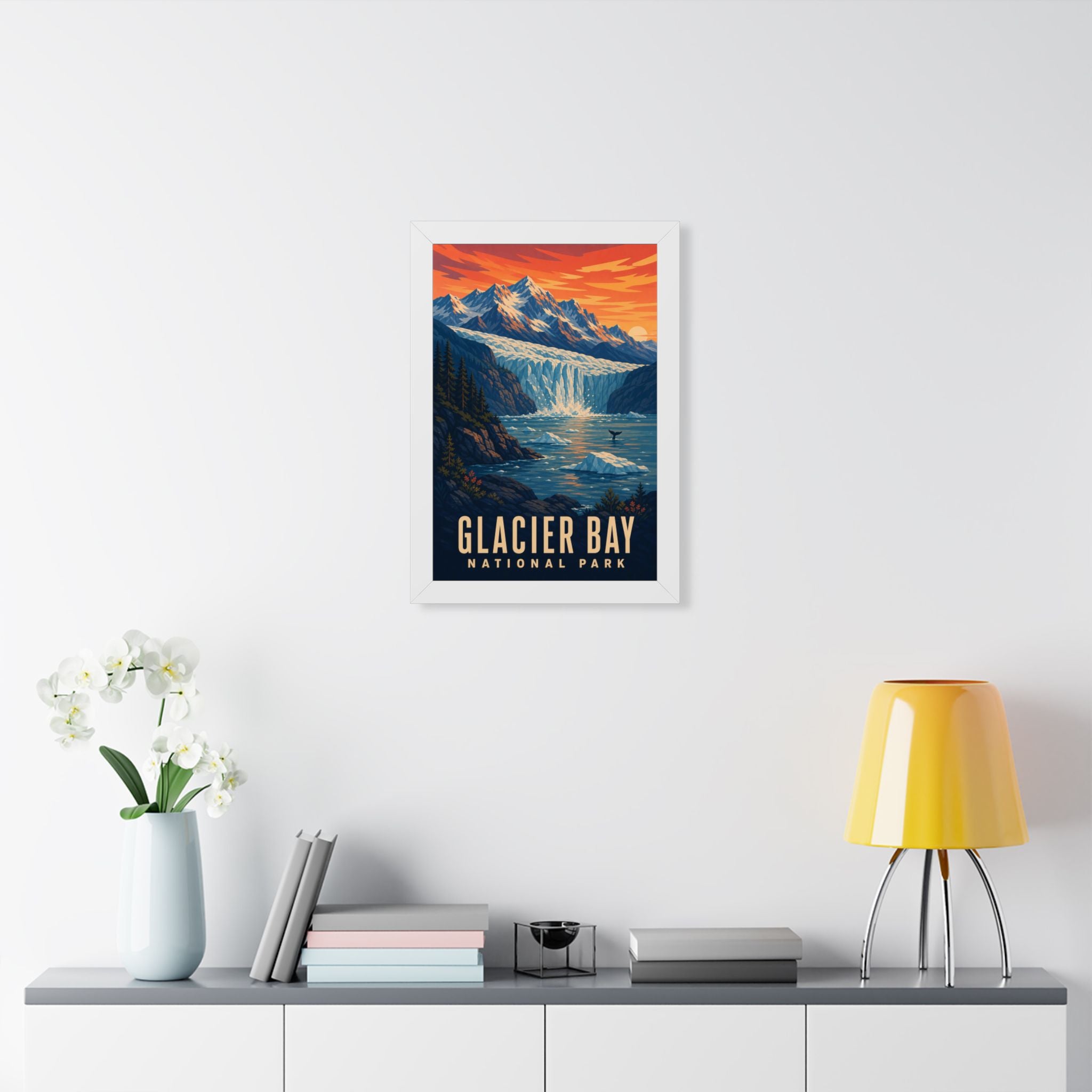 Glacier Bay National Park Framed Poster | Vintage Travel Wall Art | Black Walnut White Frame | 16x24 20x30
