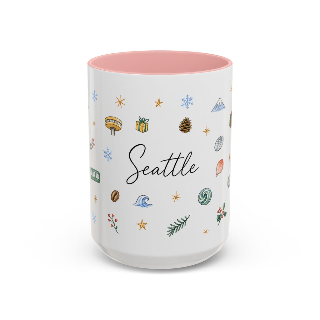 Seattle Christmas Mug | Watercolor Travel Souvenir | Holiday Gift | Accent Ceramic Coffee Cup 11oz 15oz
