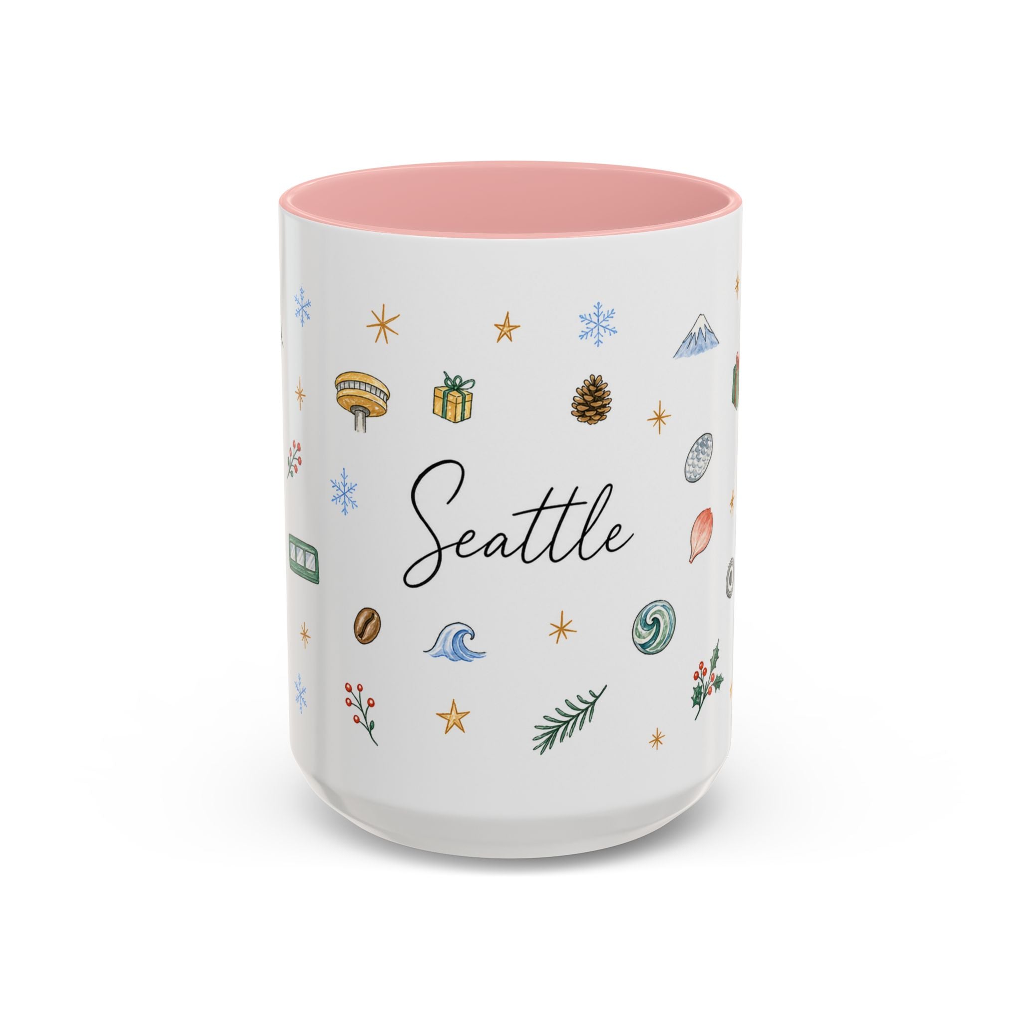 Seattle Christmas Mug | Watercolor Travel Souvenir | Holiday Gift | Accent Ceramic Coffee Cup 11oz 15oz