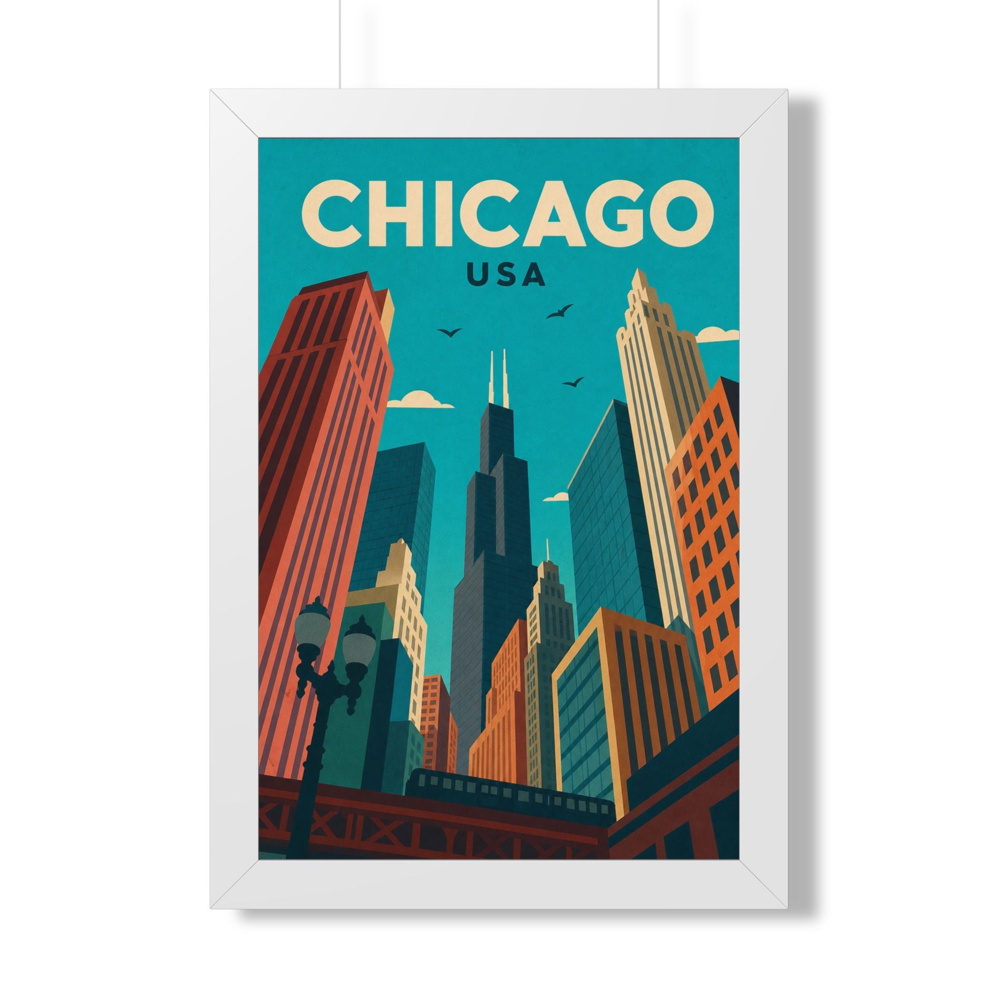 Chicago Downtown United States Framed Poster | Vintage Travel Wall Art | Black Walnut White Frame | 16x24 20x30