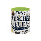 Teacher Fuel Coffee Mug | Powered by Coffee and Wine Funny Gift | Accent Color Ceramic 11oz 15oz
