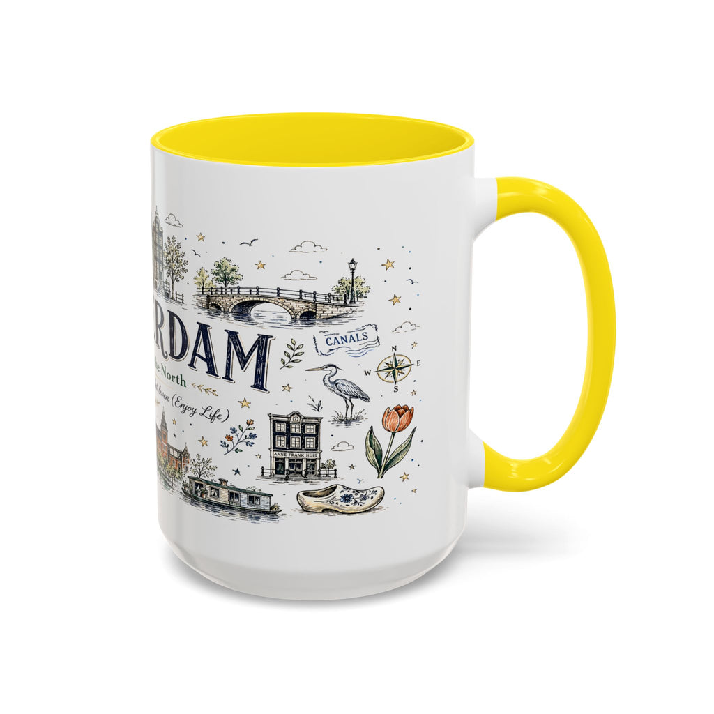 Amsterdam Coffee Mug | Netherlands Souvenir Travel Gift | Accent Color Ceramic 11oz 15oz