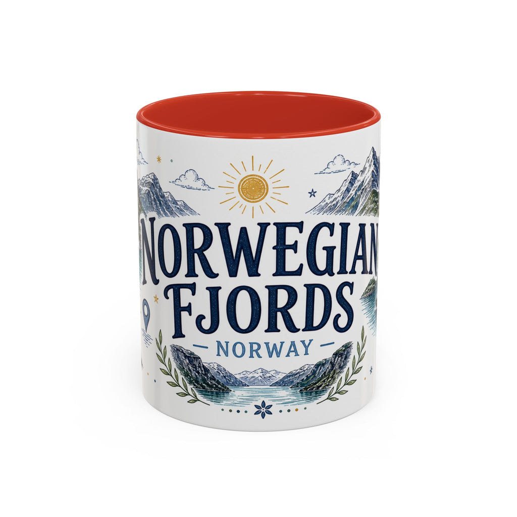 Norwegian Fjords Coffee Mug | Travel Destination Souvenir Gift | Accent Color Ceramic 11oz 15oz