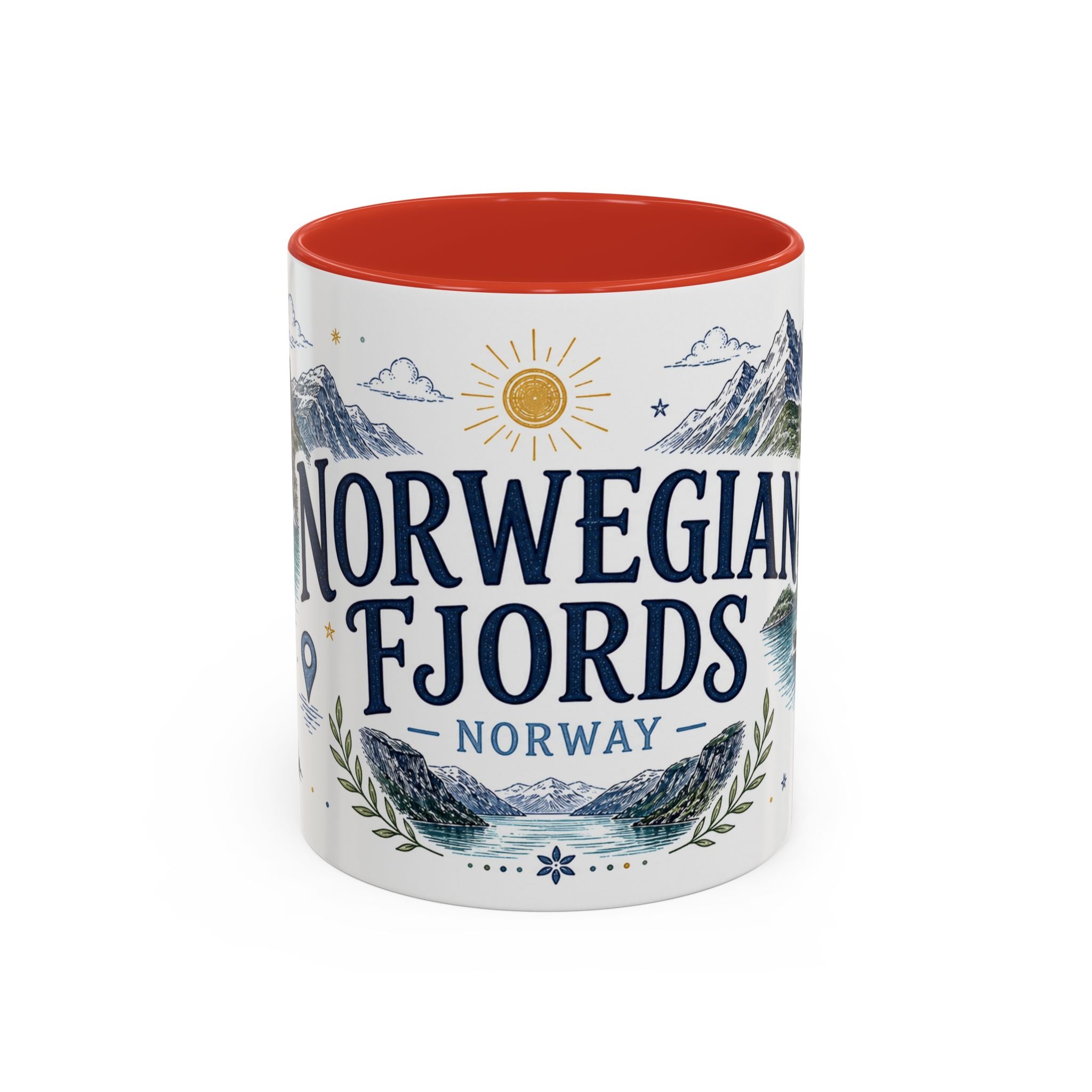 Norwegian Fjords Coffee Mug | Travel Destination Souvenir Gift | Accent Color Ceramic 11oz 15oz