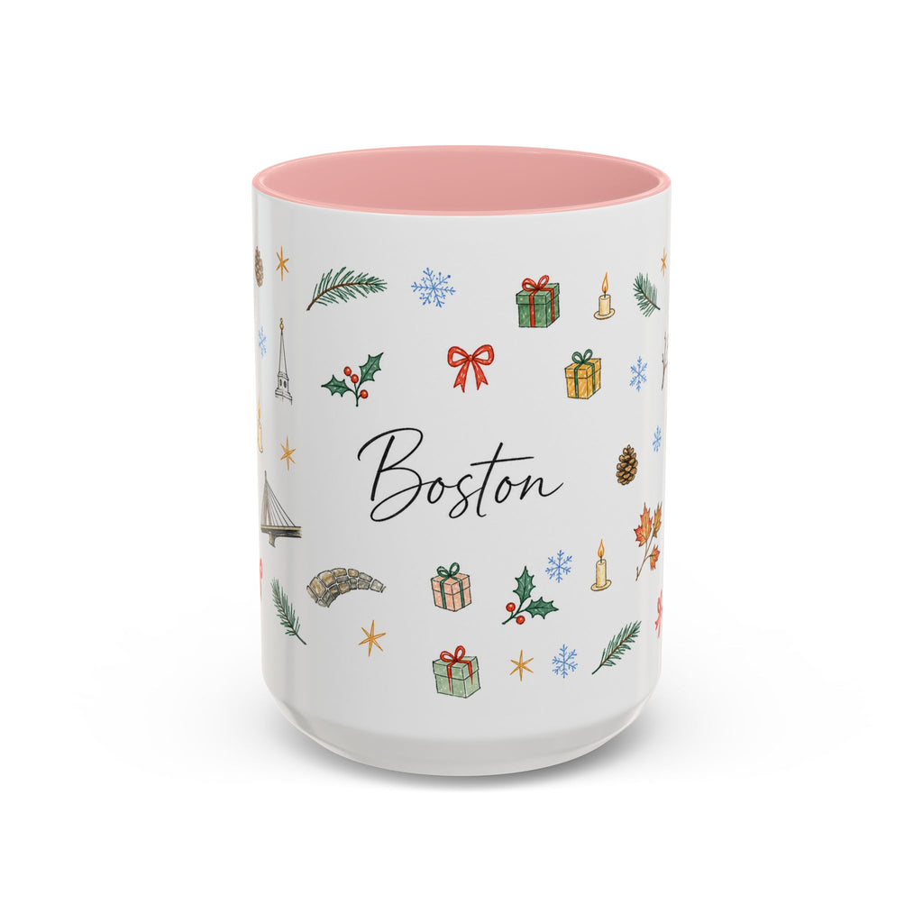 Boston Christmas Mug | Watercolor Travel Souvenir | Holiday Gift | Accent Ceramic Coffee Cup 11oz 15oz