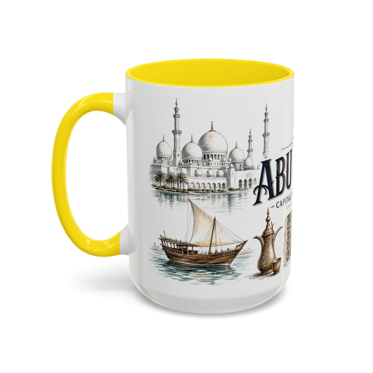 Abu Dhabi Coffee Mug | United Arab Emirates Travel Souvenir | Vintage Illustrated City Gift | 11 oz 15 oz Accent Mug
