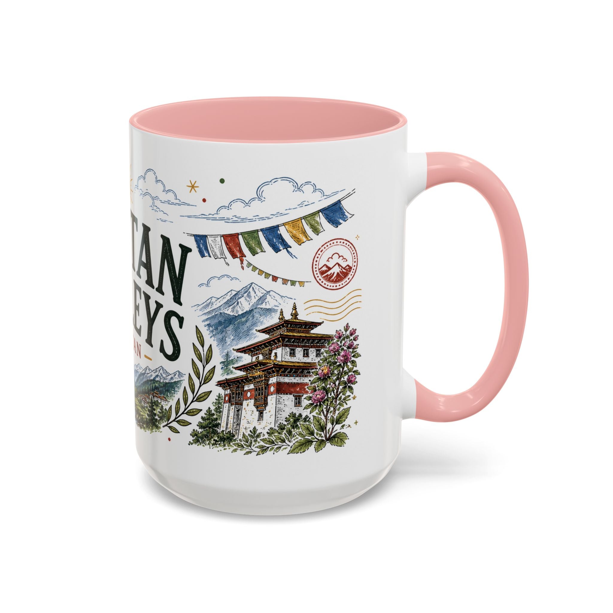 Bhutan Valleys Coffee Mug | Travel Destination Souvenir Gift | Accent Color Ceramic 11oz 15oz