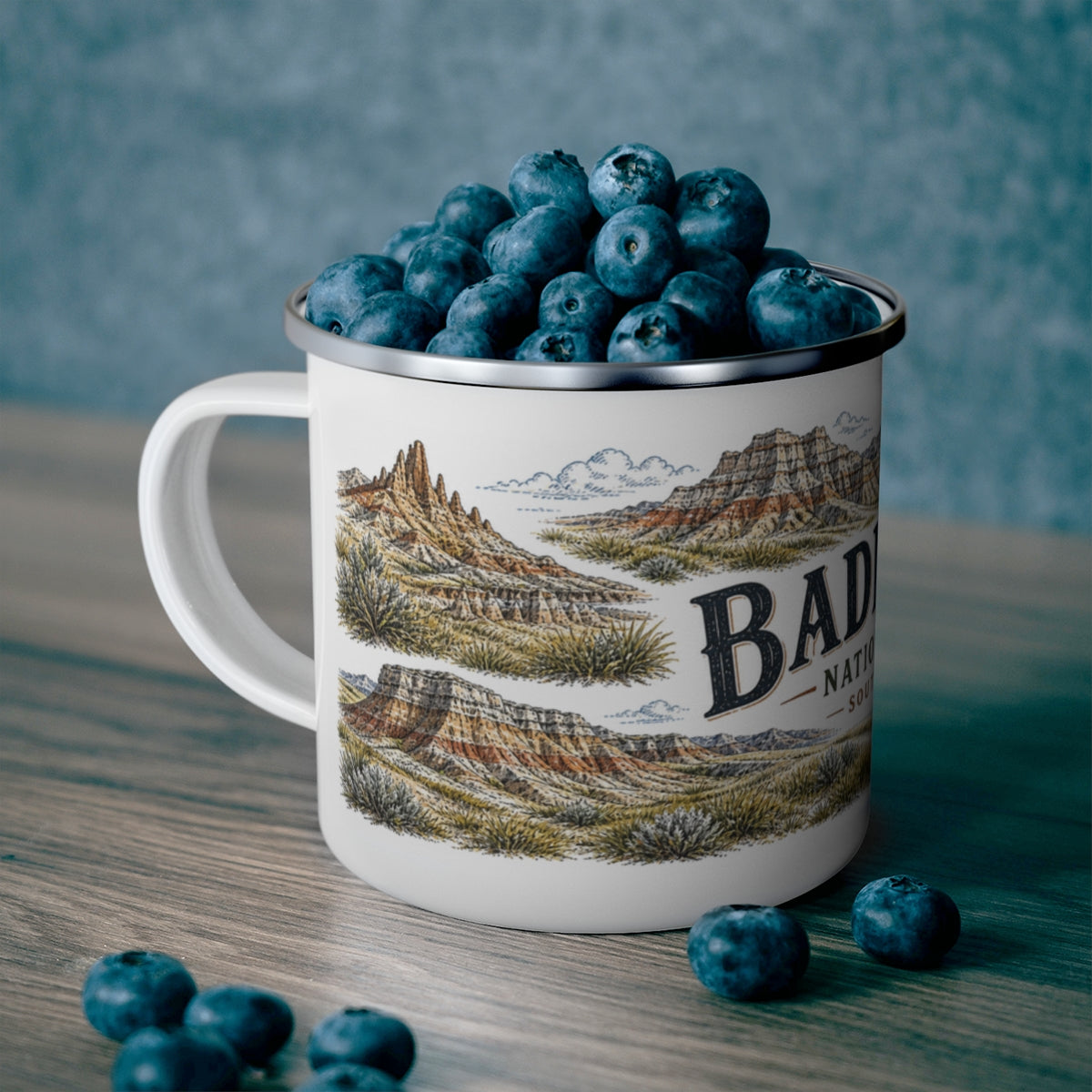 Badlands National Park enamel camping mug outdoor lifestyle scene