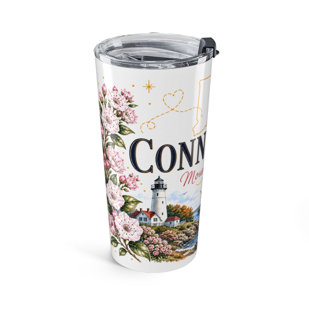 Connecticut State Flower Tumbler | Mountain Laurel Botanical Travel Cup | 20oz Stainless Steel Gift — left