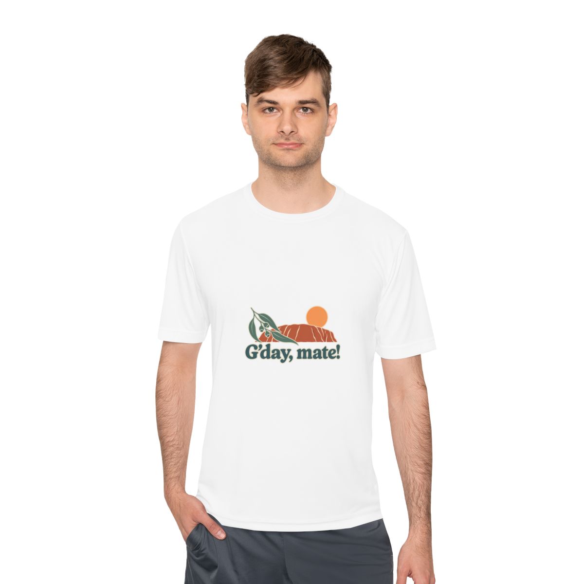 Australia Performance T-Shirt | Uluru and Eucalyptus | G'day, mate! | Country Travel Gift — person-1 — View 02