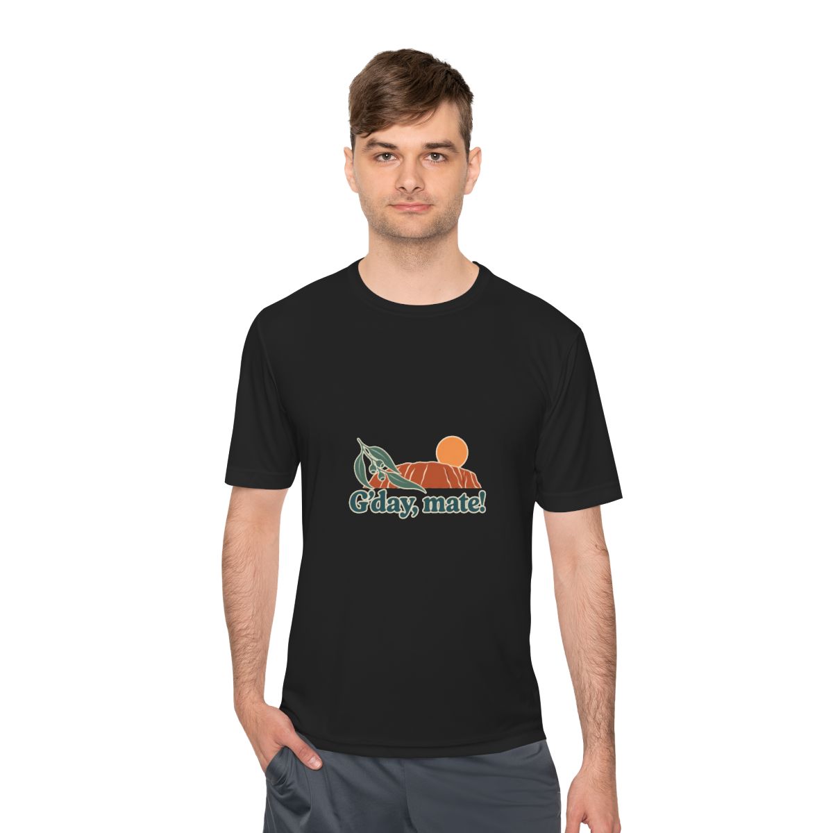 Australia Performance T-Shirt | Uluru and Eucalyptus | G'day, mate! | Country Travel Gift — person-1 — View 06