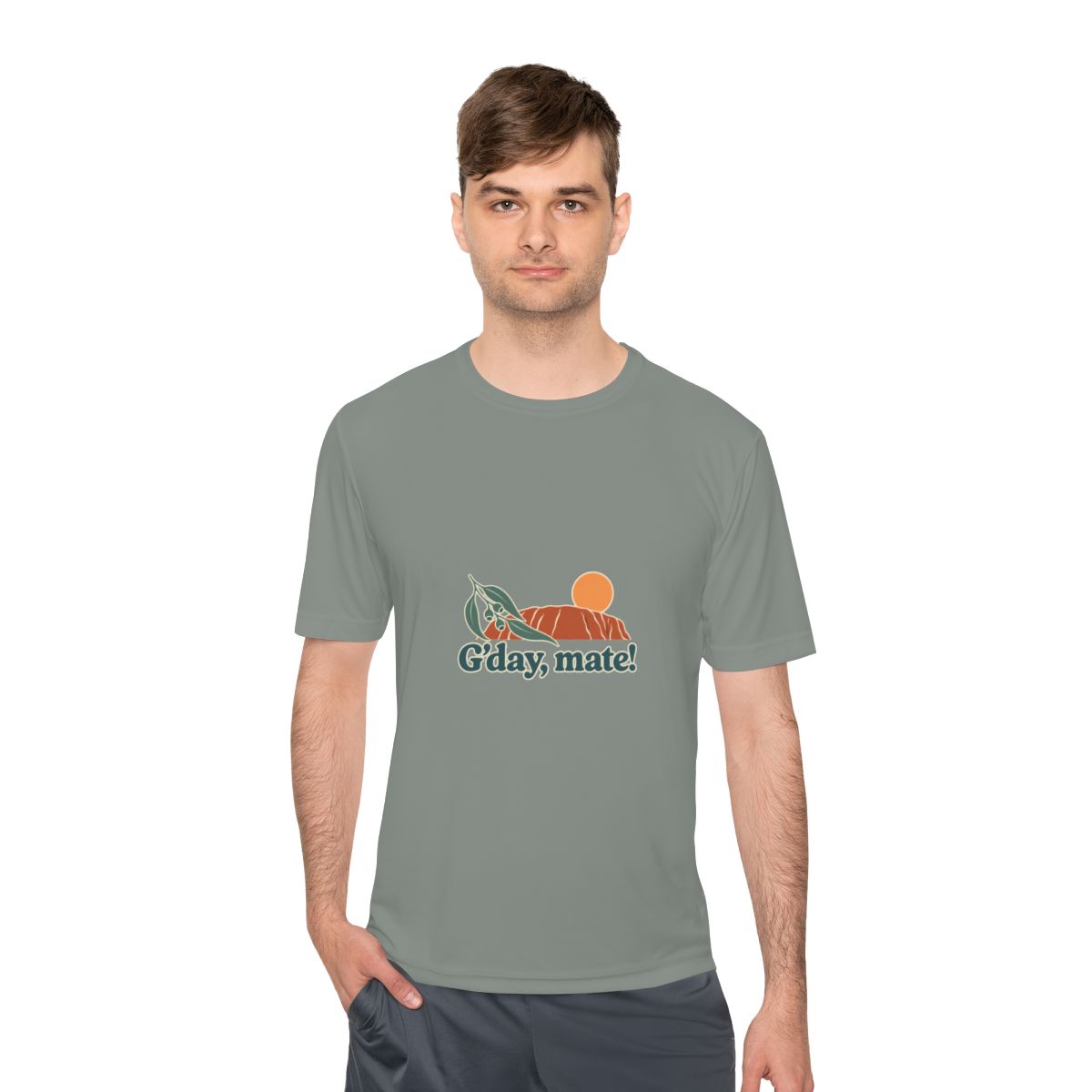 Australia Performance T-Shirt | Uluru and Eucalyptus | G'day, mate! | Country Travel Gift — person-1 — View 10