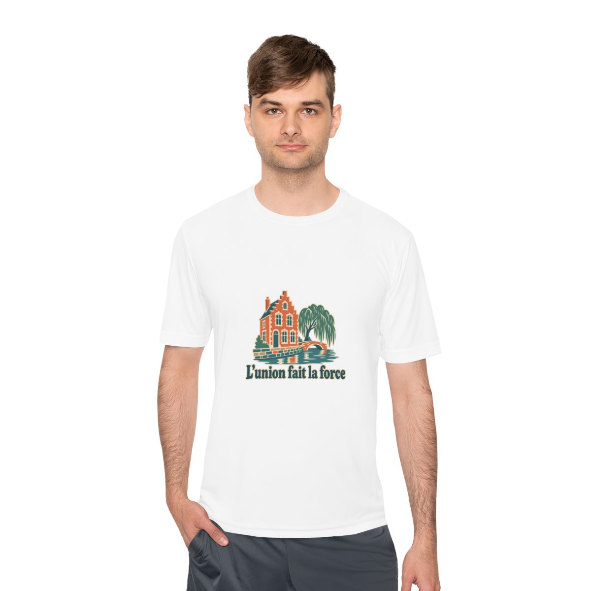Belgium Performance T-Shirt | Bruges Canal | L'union fait la force | Country Travel Gift — person-1 — View 02