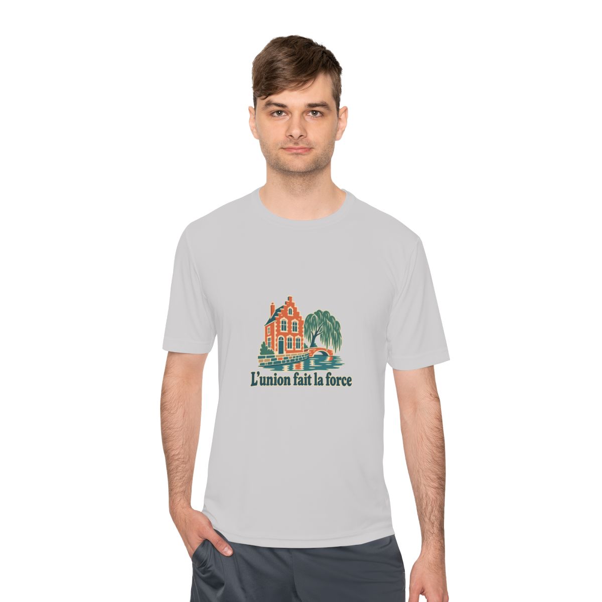 Belgium Performance T-Shirt | Bruges Canal | L'union fait la force | Country Travel Gift — person-1 — View 04