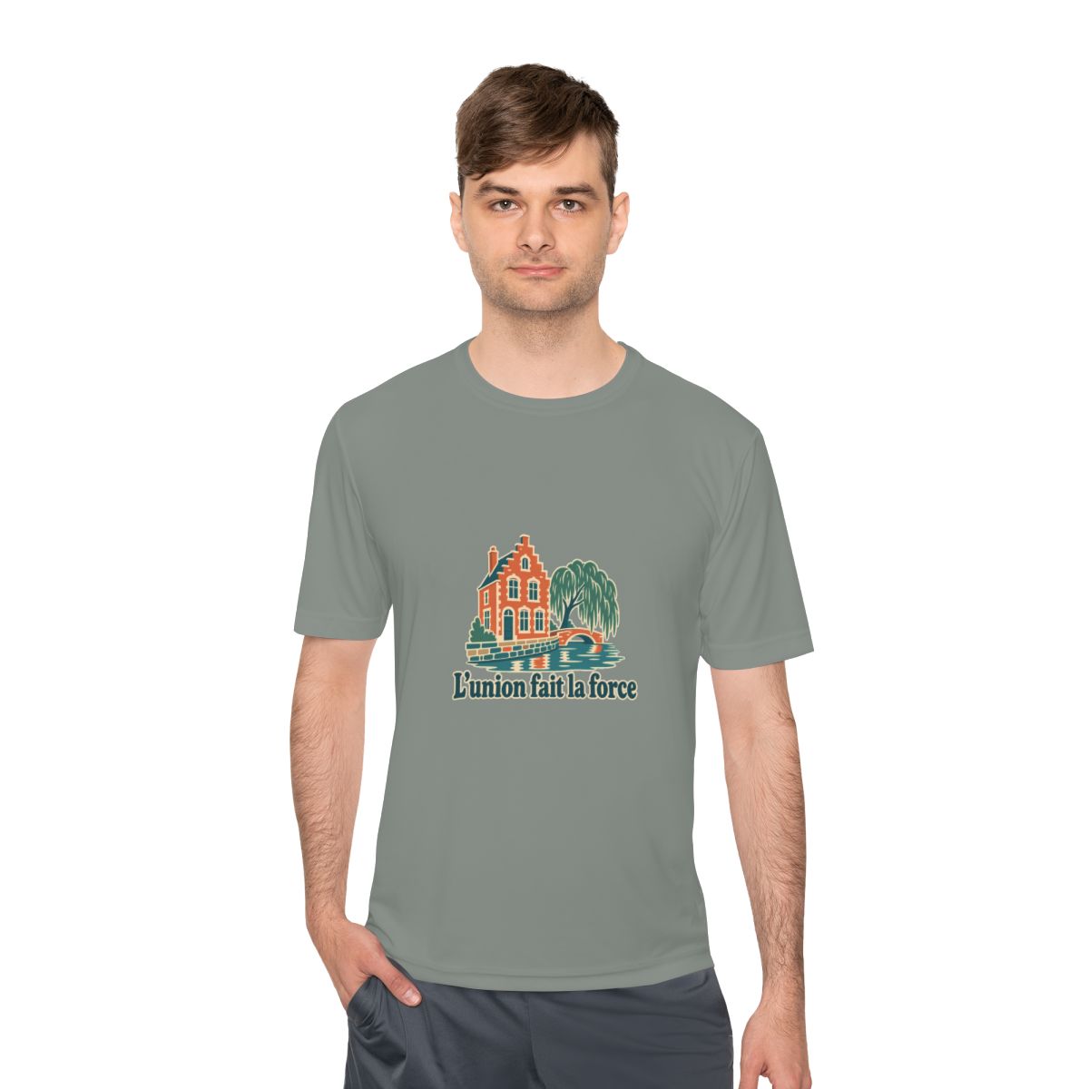 Belgium Performance T-Shirt | Bruges Canal | L'union fait la force | Country Travel Gift — person-1 — View 10