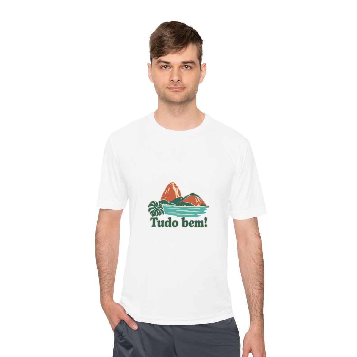 Brazil Performance T-Shirt | Sugarloaf Bay | Tudo bem! | Country Travel Gift — person-1 — View 02